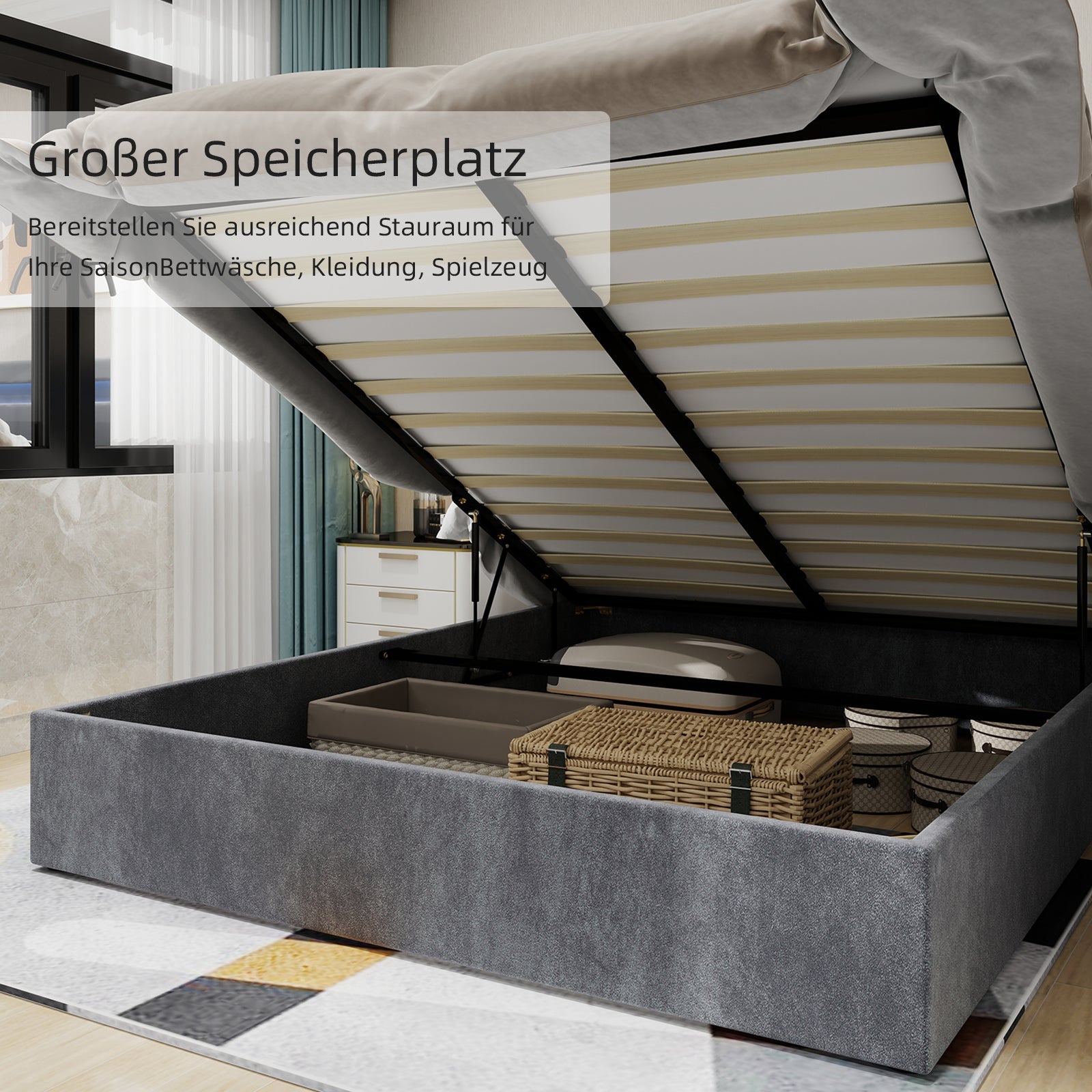 Upholstered Bed, Minimalist with Cartoon Headboard, 90x200 cm, Grey