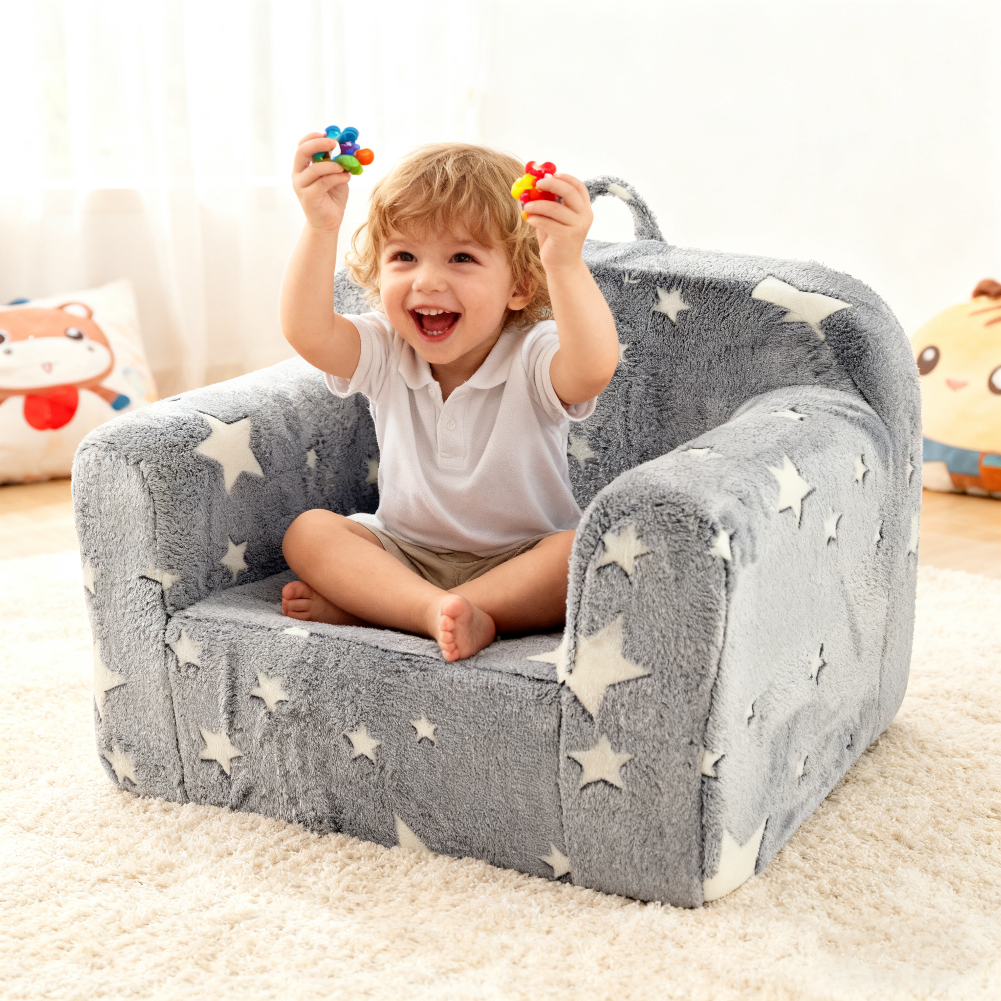 Children's Sofa Toddler Armchair - Lightweight Foam Chair with Carrying Handle & Side Pockets - Grey