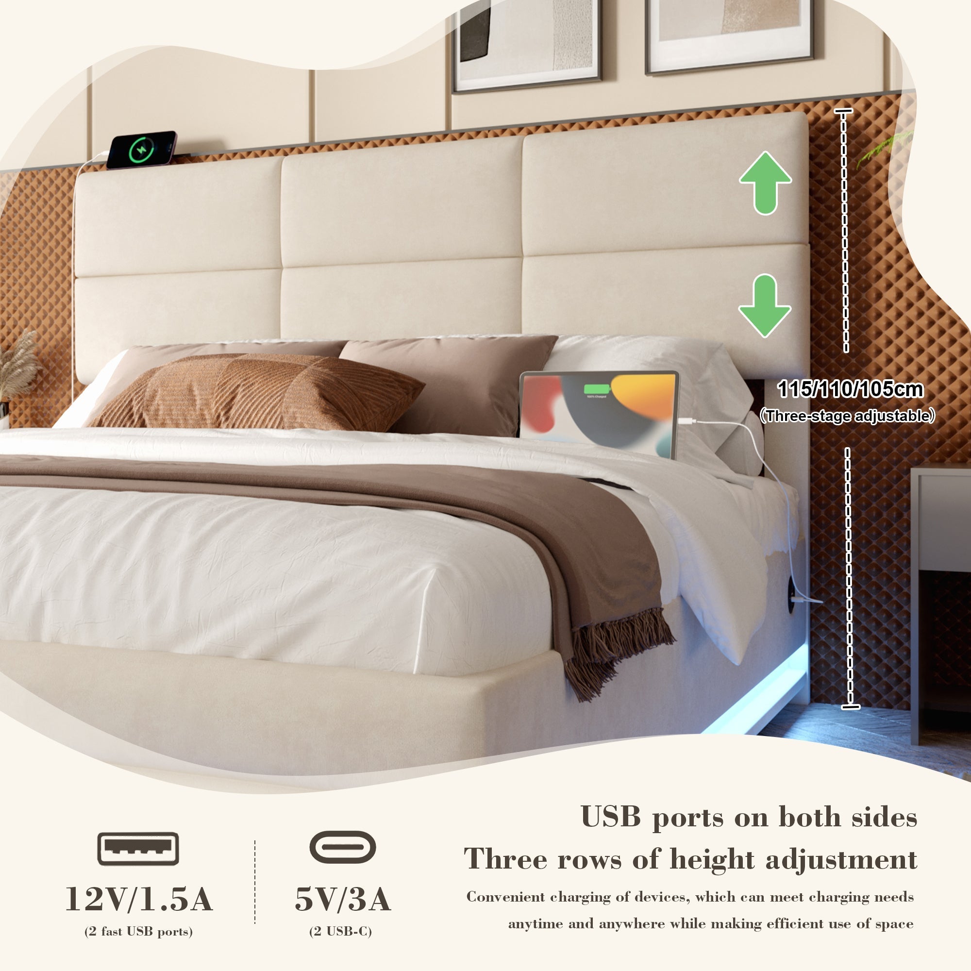 Modern Upholstered Bed 150x200cm, USB/LED, Hydraulic Storage, Beige Velvet