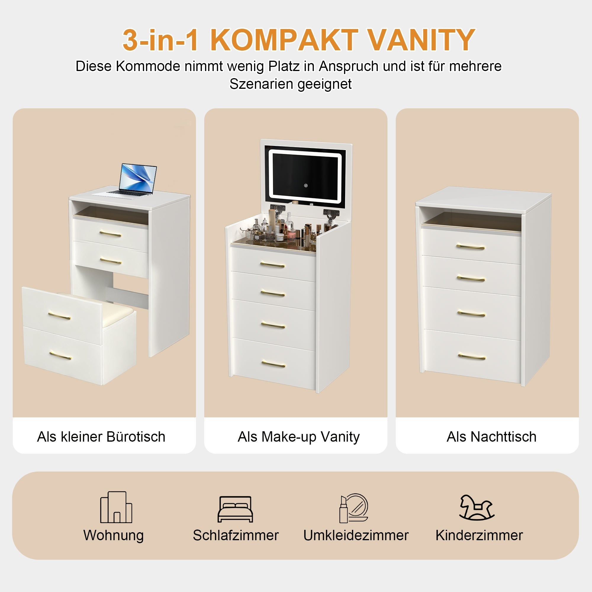 3-in-1 Dressing Table Set, Open Mirror 3 Drawers Compact W60cm, Clear Glass Top