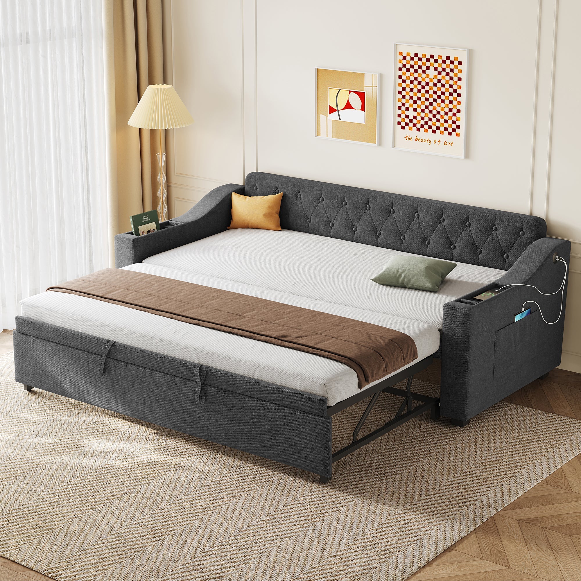 Upholstered Daybed Sofa with Trundle, Charging Station and Armrest Storage, Linen Grey