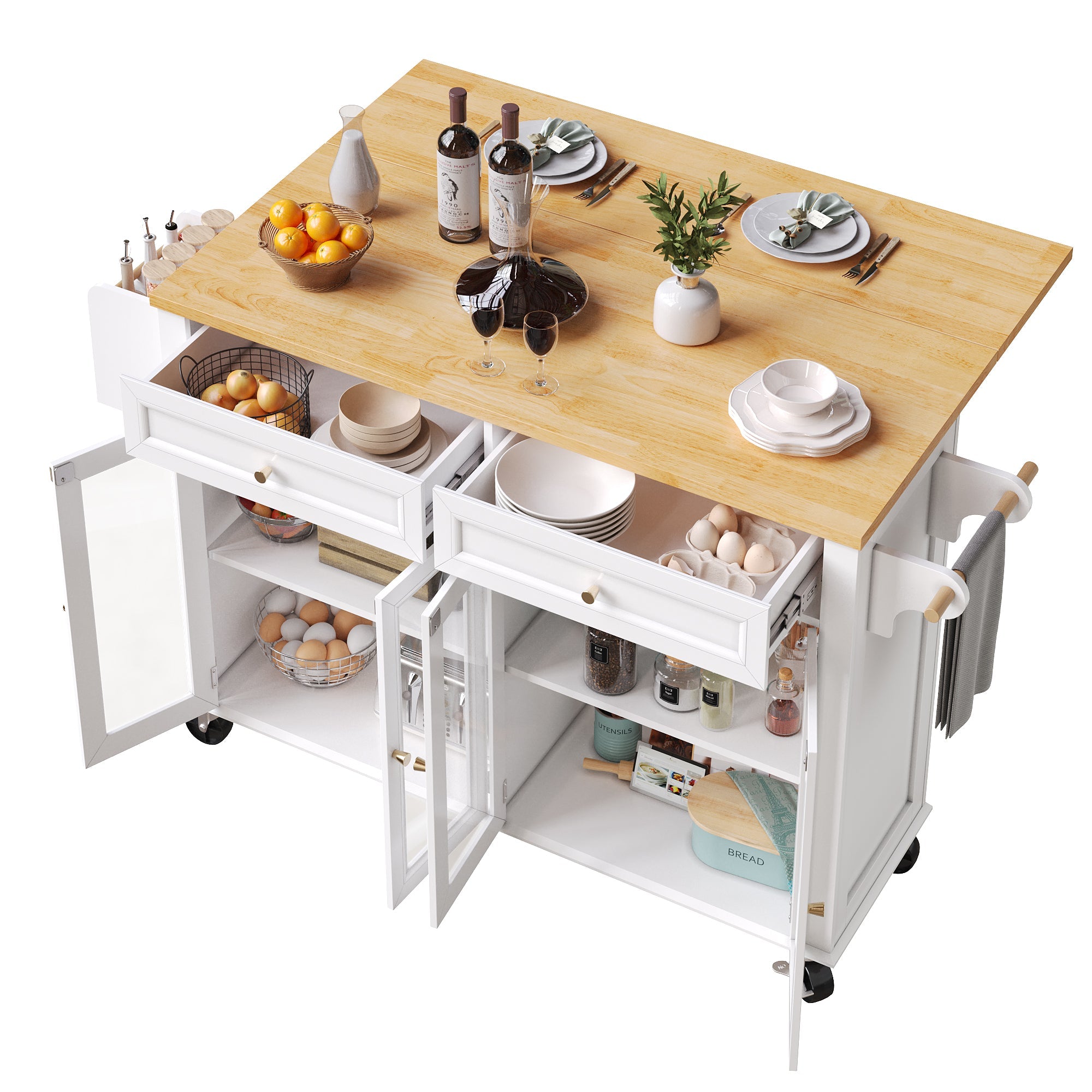 Kitchen Island Multifunctional with Wheels Glass Doors, White