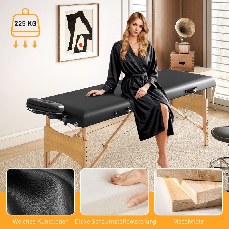 Mobile Massage Table, 2 Zones Foldable Adjustable 70 cm, Black Wooden Feet