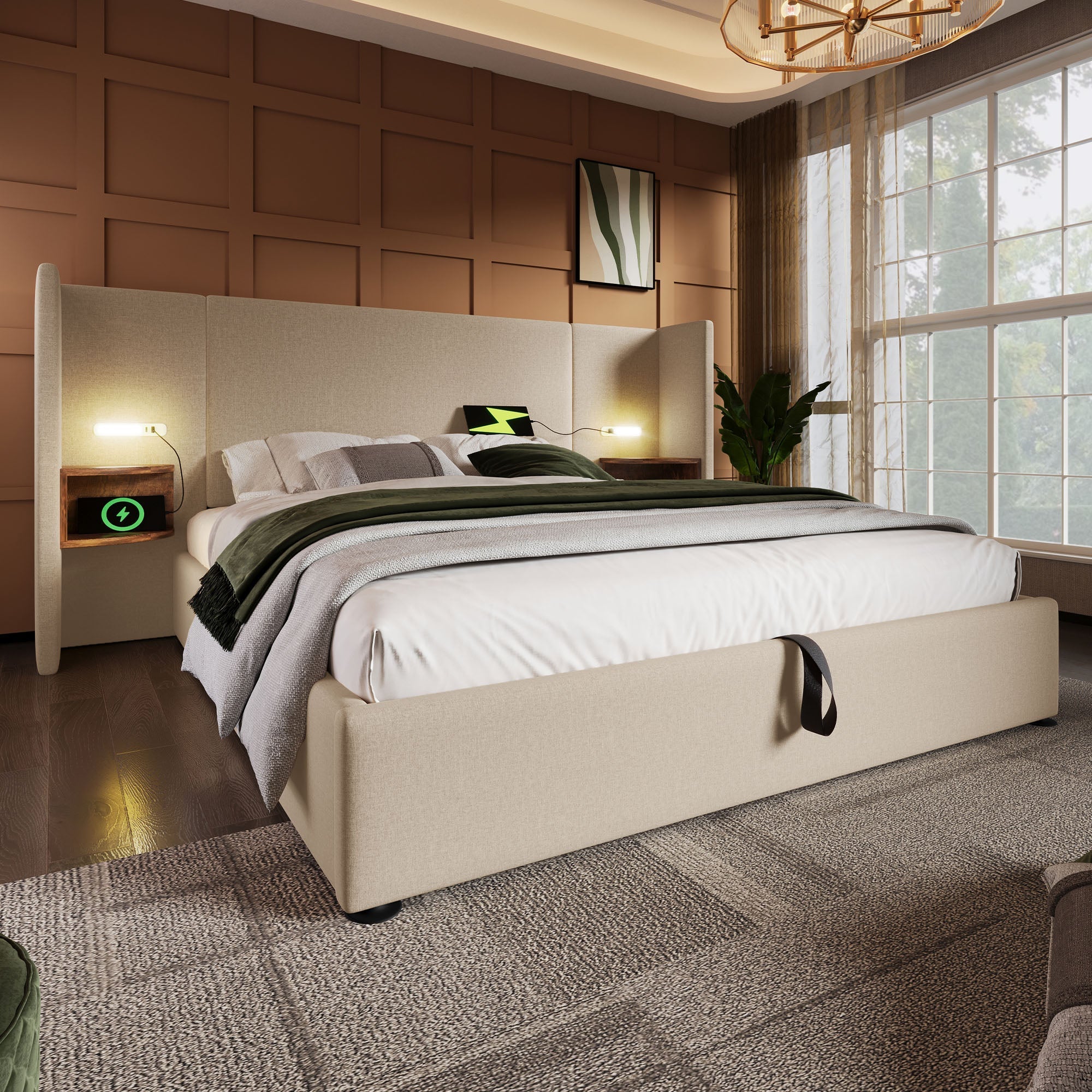 Upholstered Double Bed, 160x200, with Bedside Table, Reading Lamp & USB-C Charging, Beige Linen