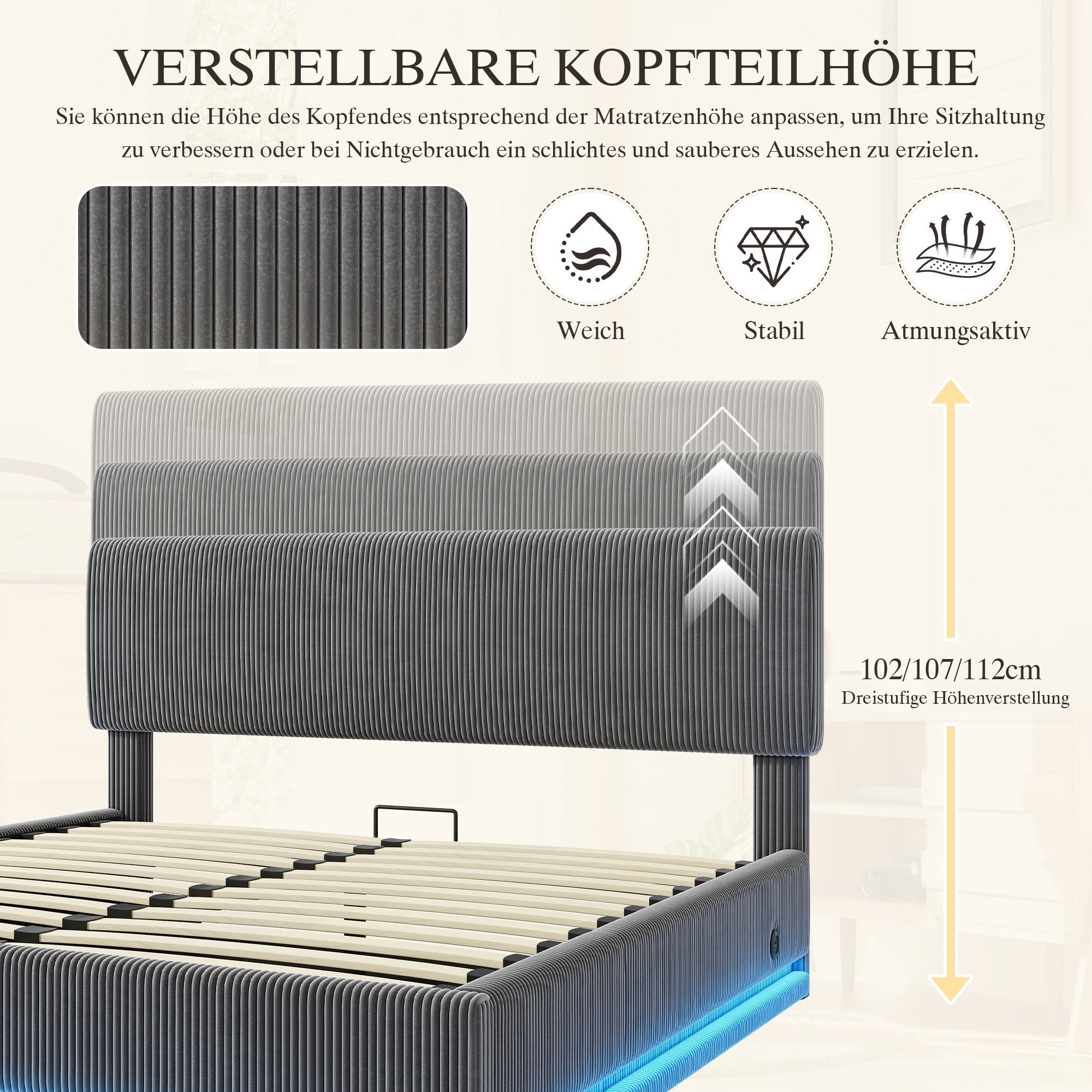Modern Upholstered Bed with LED Lighting, USB-C Charging and Under-Bed Storage, Gray Corduroy