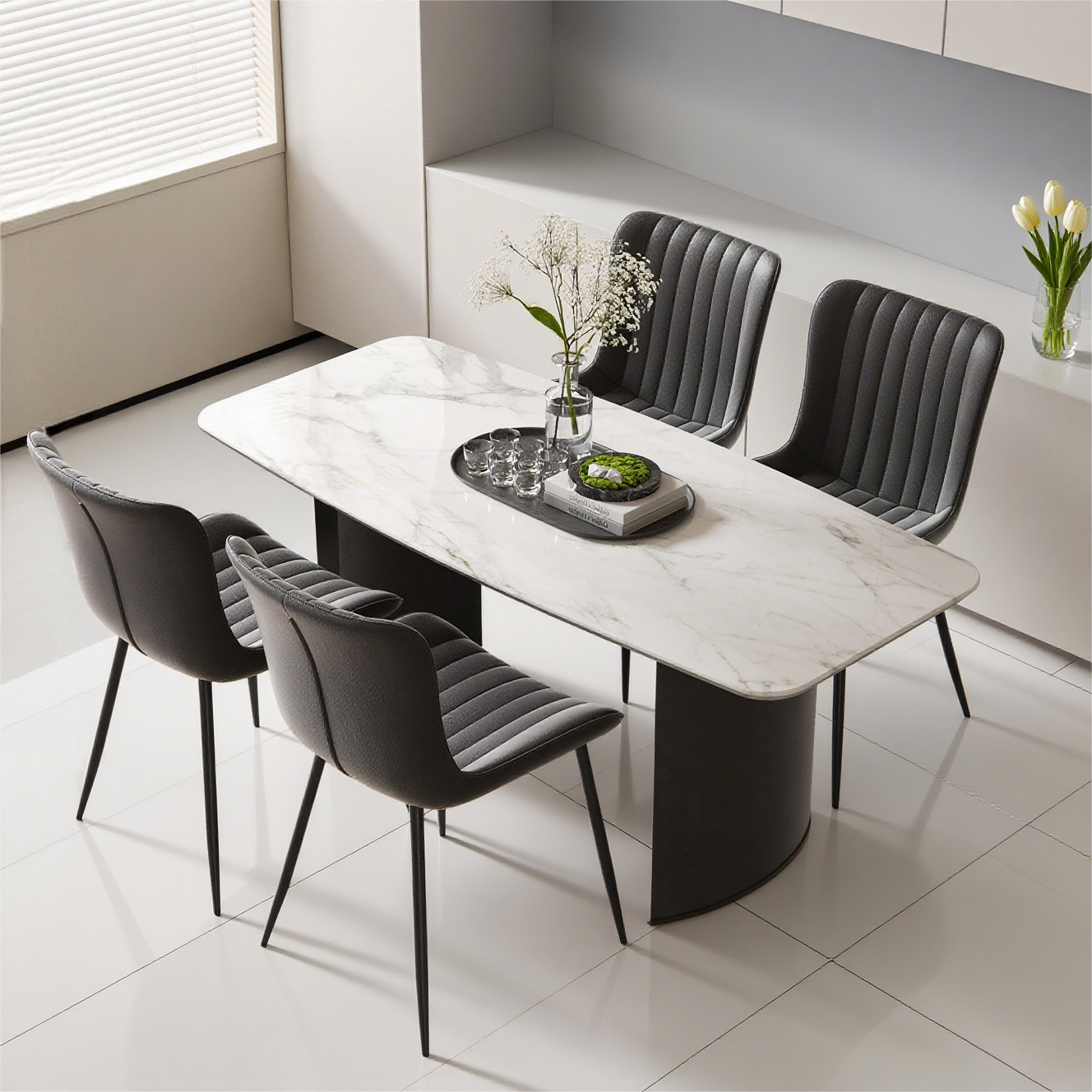 Dining Chairs Set of 4 Armchairs Modern Faux Leather - Black PU
