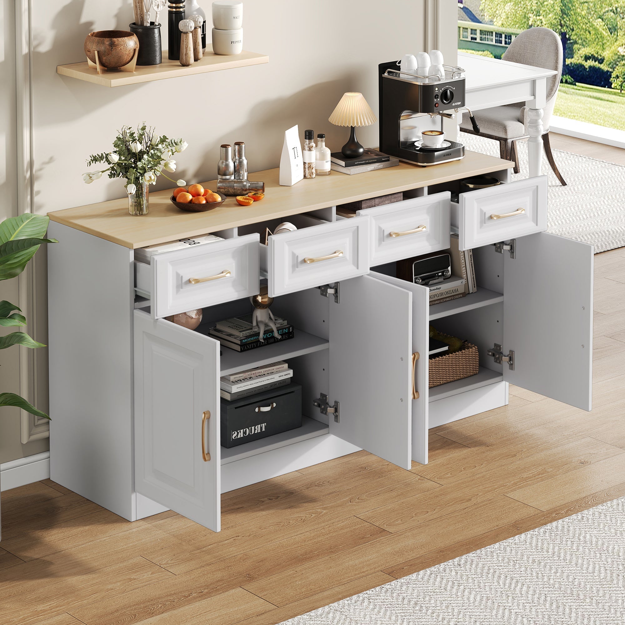 Sideboard Buffet Storage Cabinet 140cm 4 Drawers 4 Barn Doors White Wood