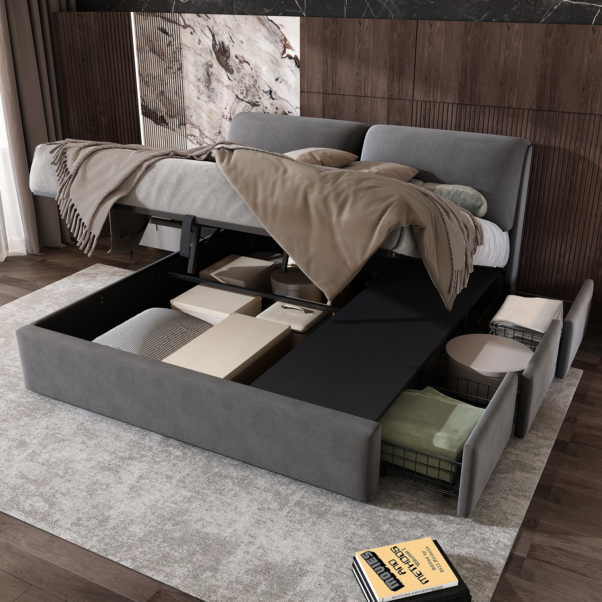 Upholstered Bed with Hydraulic Storage and Three Drawers, 160x200cm, Grey Velvet