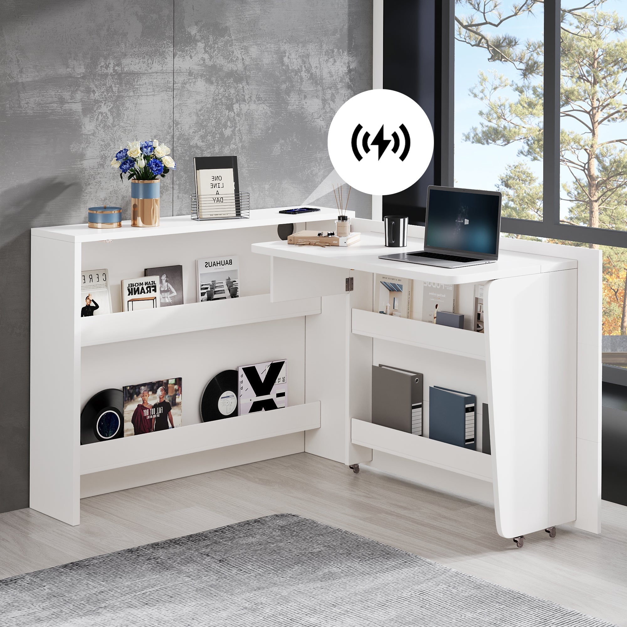 Foldable Desk, 2-in-1 Sideboard & Workstation with Wireless Charger & Wheels, White High Gloss