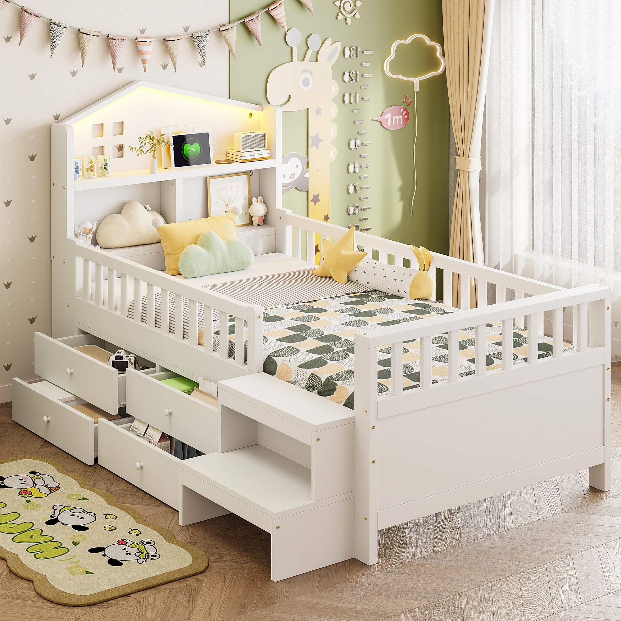 Children's Single Bed with 4 Storage Drawers, LED Lights, USB and Type-C Charging Ports, 90x200cm, White Solid Wood