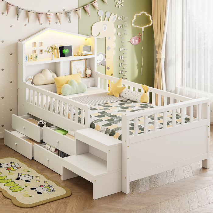 Children's Single Bed with 4 Storage Drawers, LED Lights, USB and Type-C Charging Ports, 90x200cm, White Solid Wood