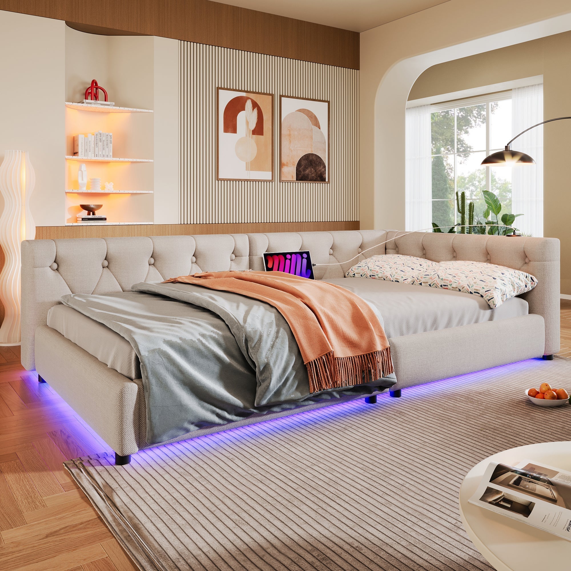 Daybed Sofa Bed 90x200cm Slatted Base LED Remote USB-C Linen Beige