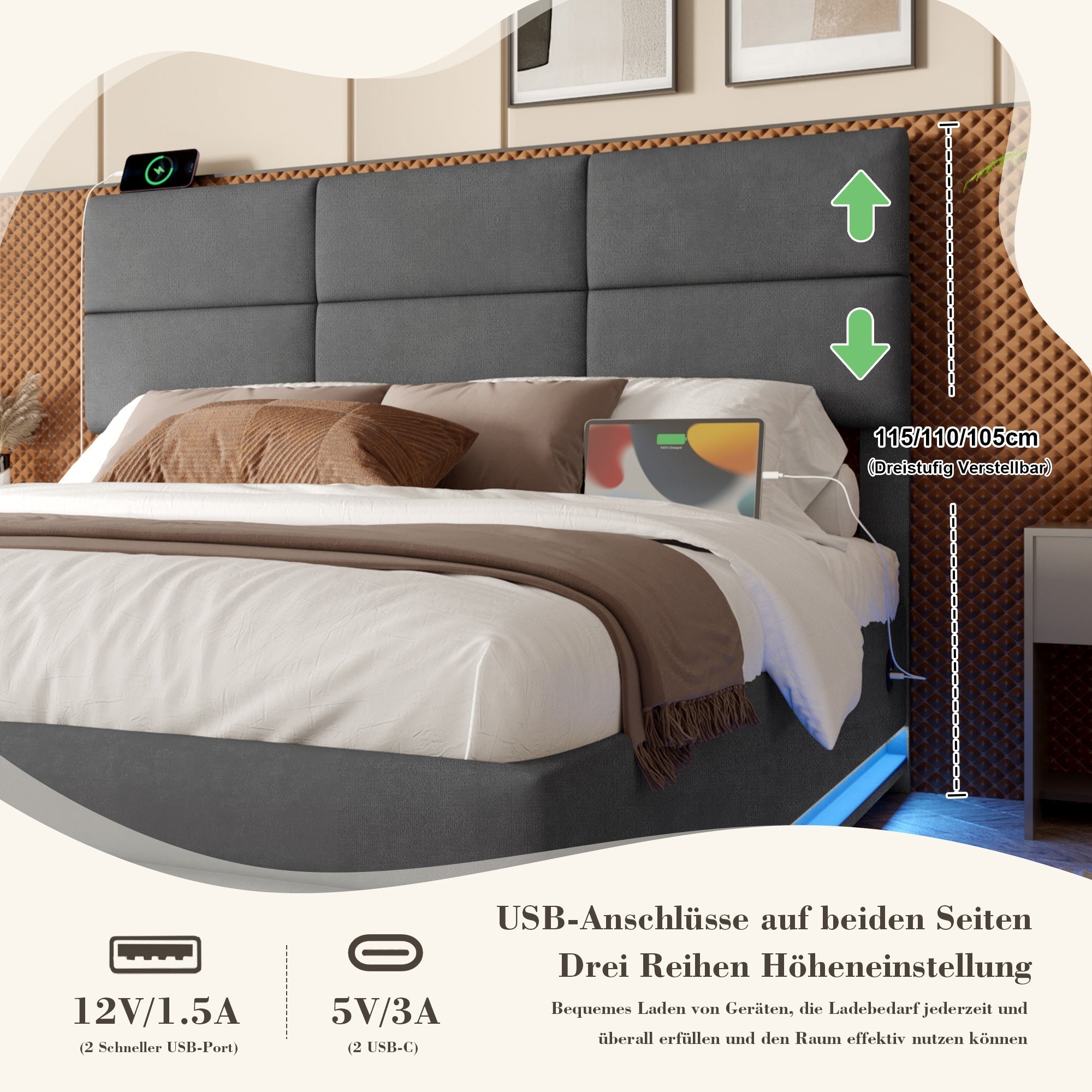 Upholstered Bed 160x200cm Hydraulic Storage Adjustable Headboard LED USB/Type-C - Velour Grey