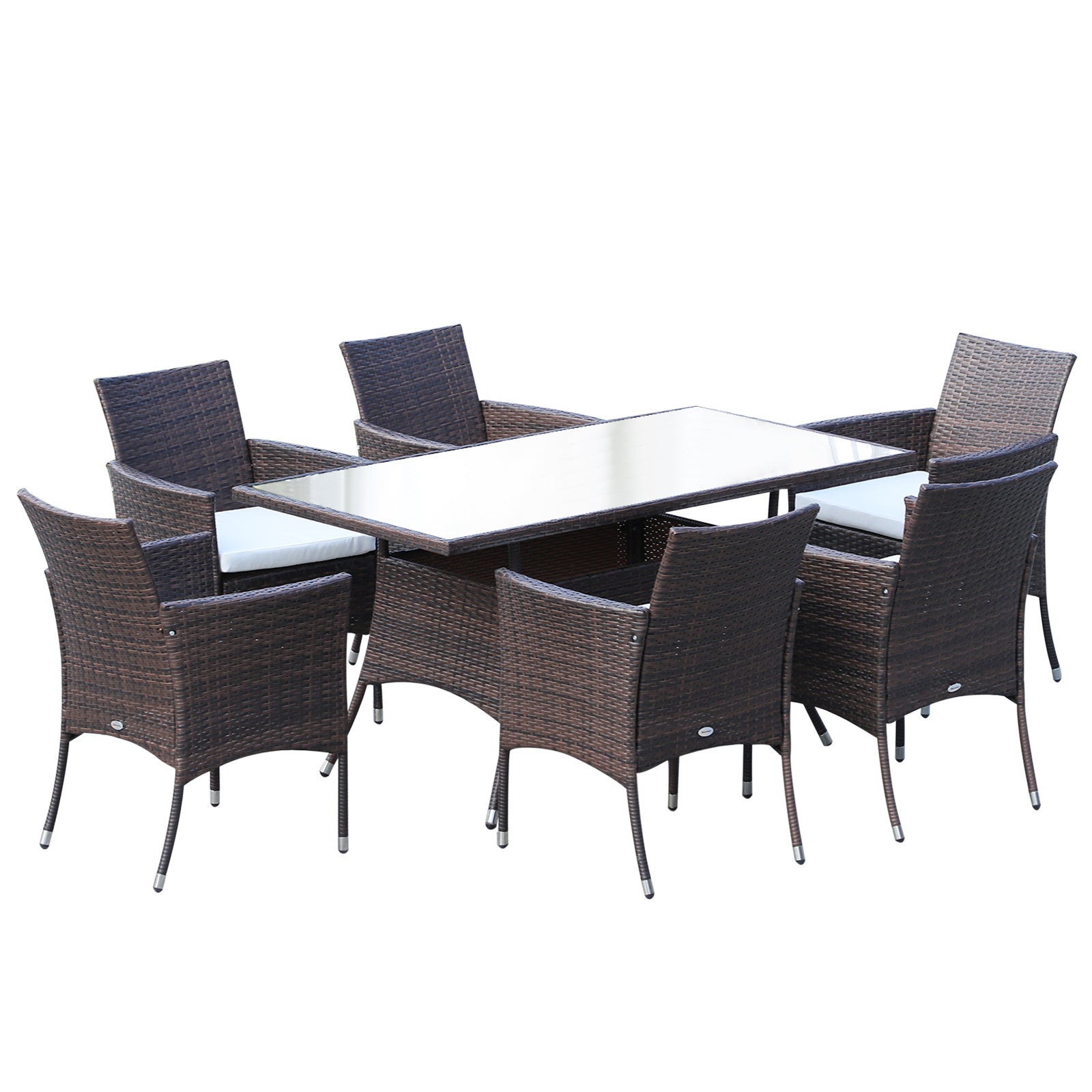 6 Seater Dining Set, 6 Armchairs Rectangular Glass Top Table with Cushions, Rattan Brown