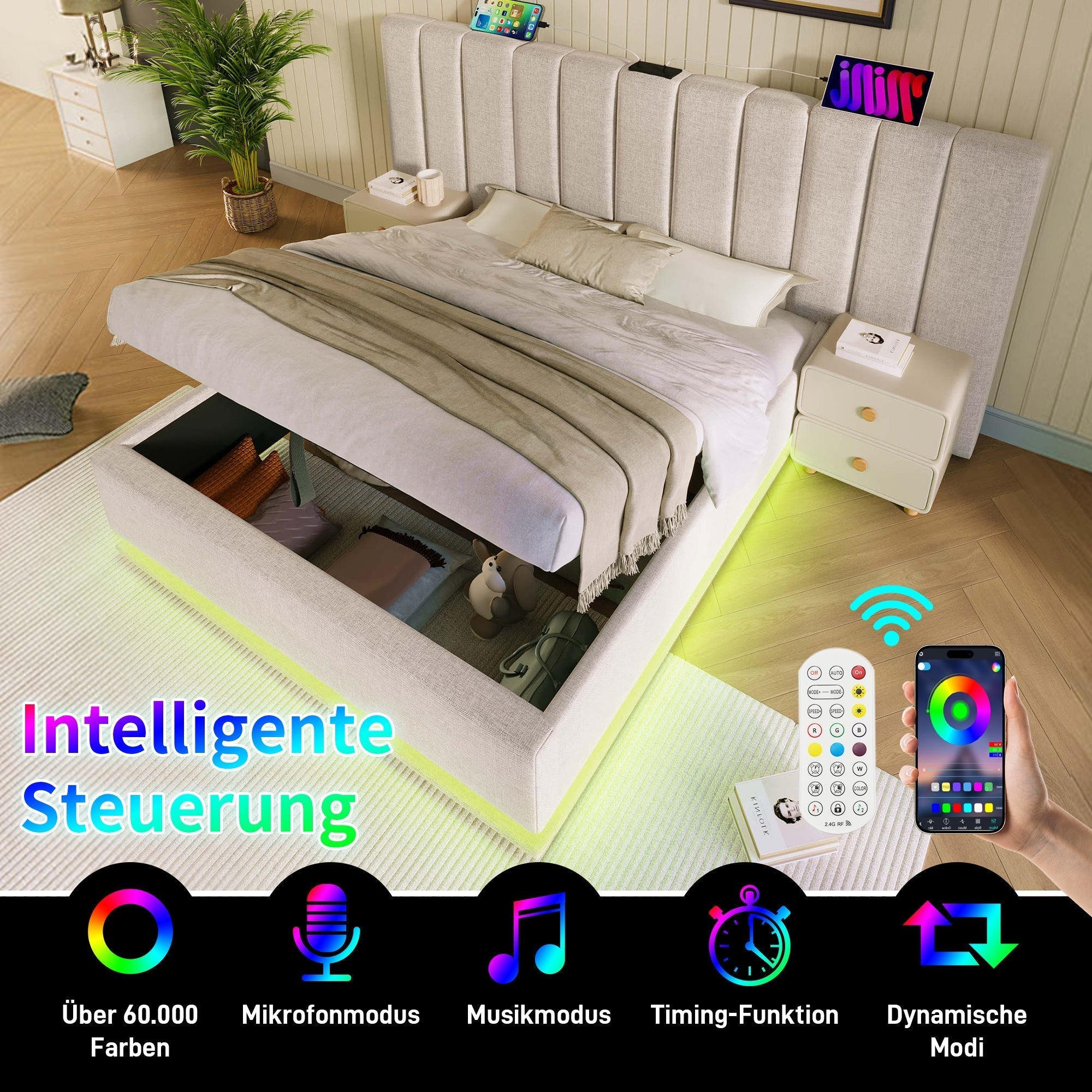 Upholstered Bed 180x200 Storage LED/USB-C, Linen Beige