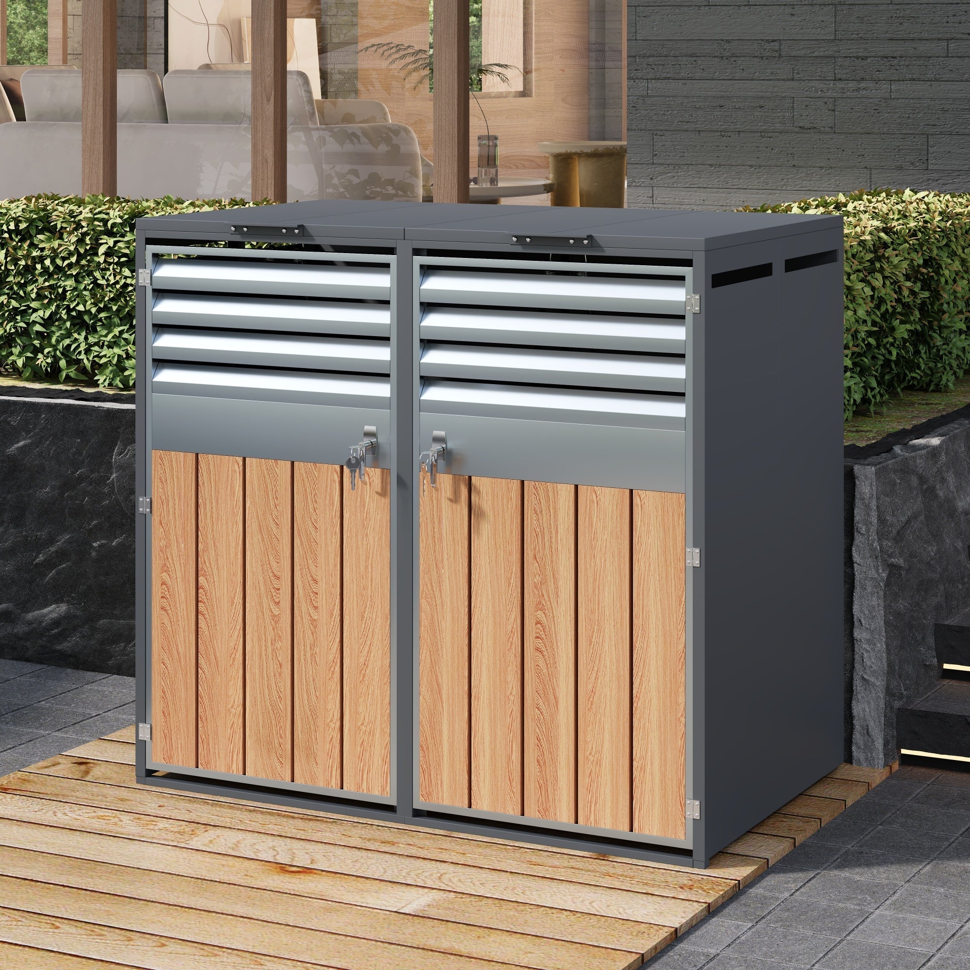 Bin Storage Box with Hinged Lid, Louvered Ventilation and Two Doors, Lockable Plastic