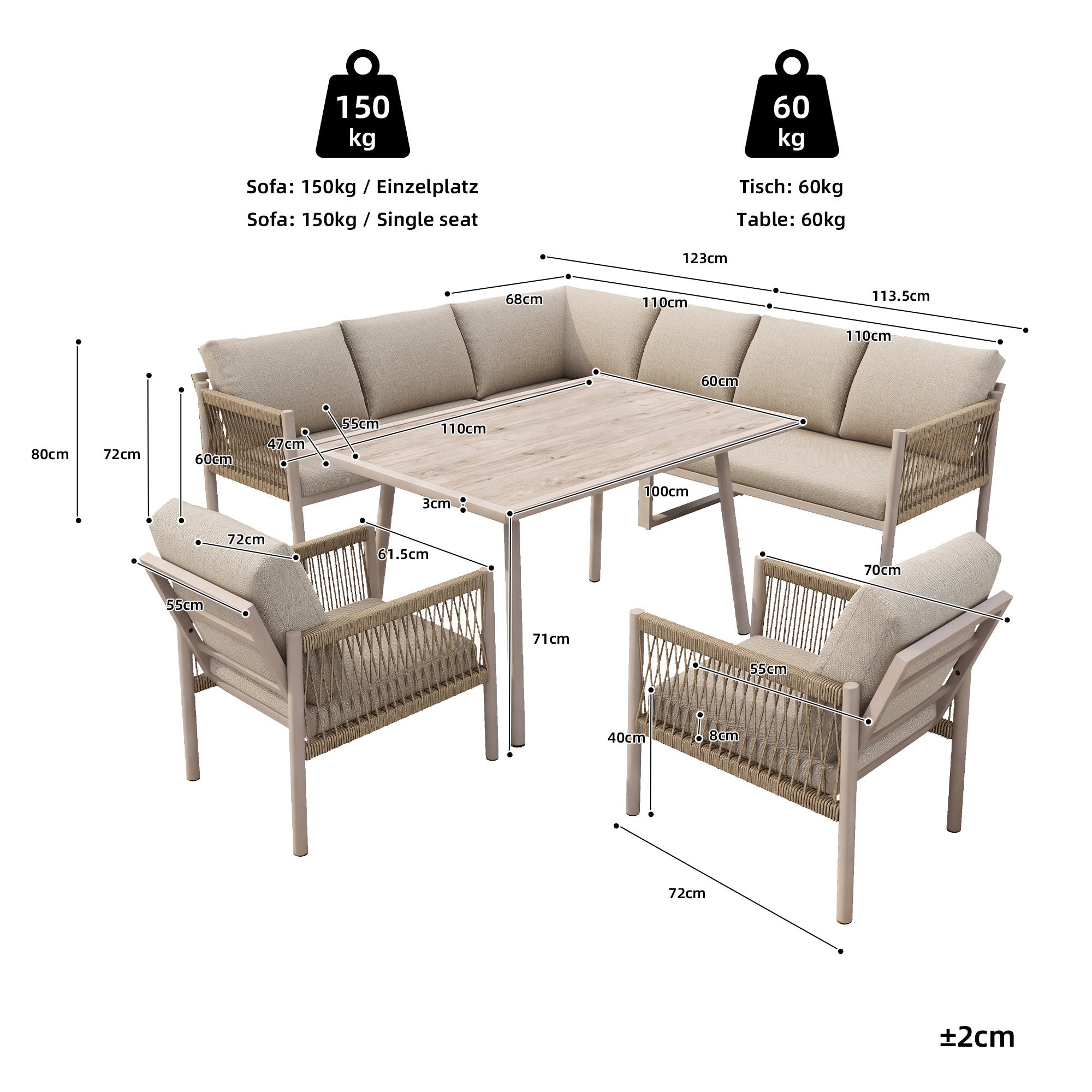 Garden Lounge Seating Group, L-Shaped Sofa with Table and 2 Armchairs, Beige