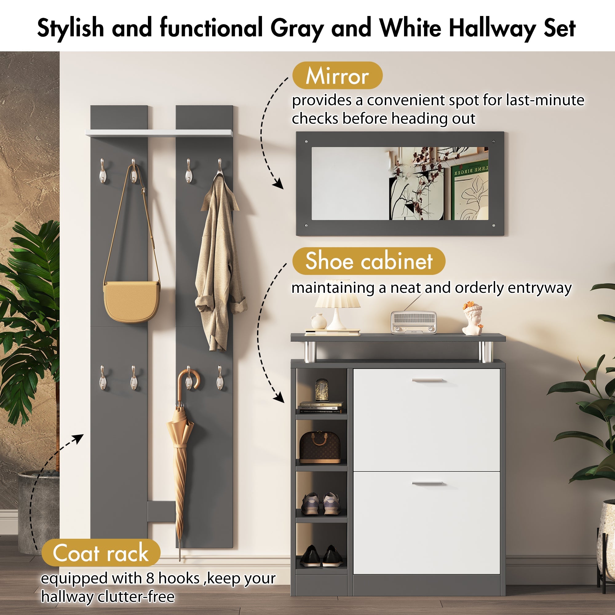 Wall-mounted Wardrobe Set, Mirror, Shoe Cabinet, Anthracite Grey Matt