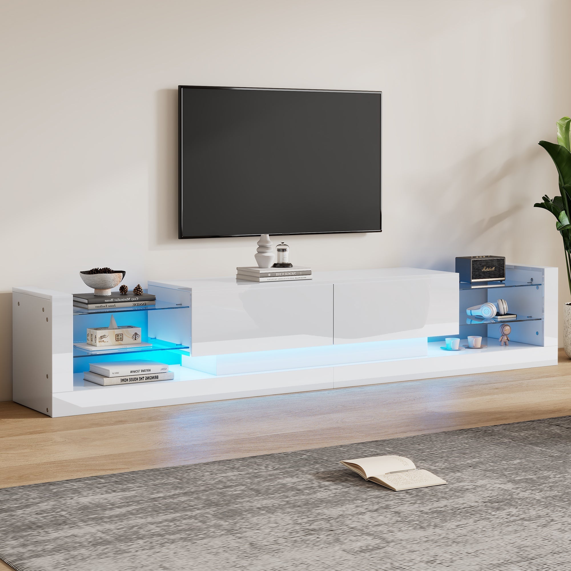 Open Glass Storage TV Stand, LED Lights High Gloss, White