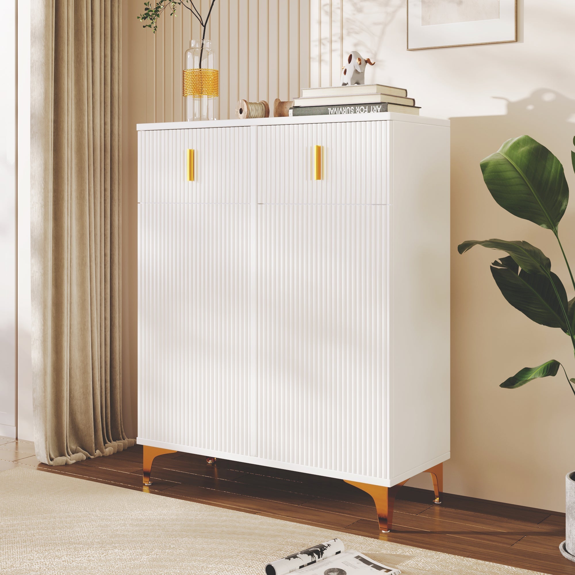 Sideboard/Shoe Cabinet with Structural Panels, Adjustable Shelves, Gold-Plated Decorations, and Drawers