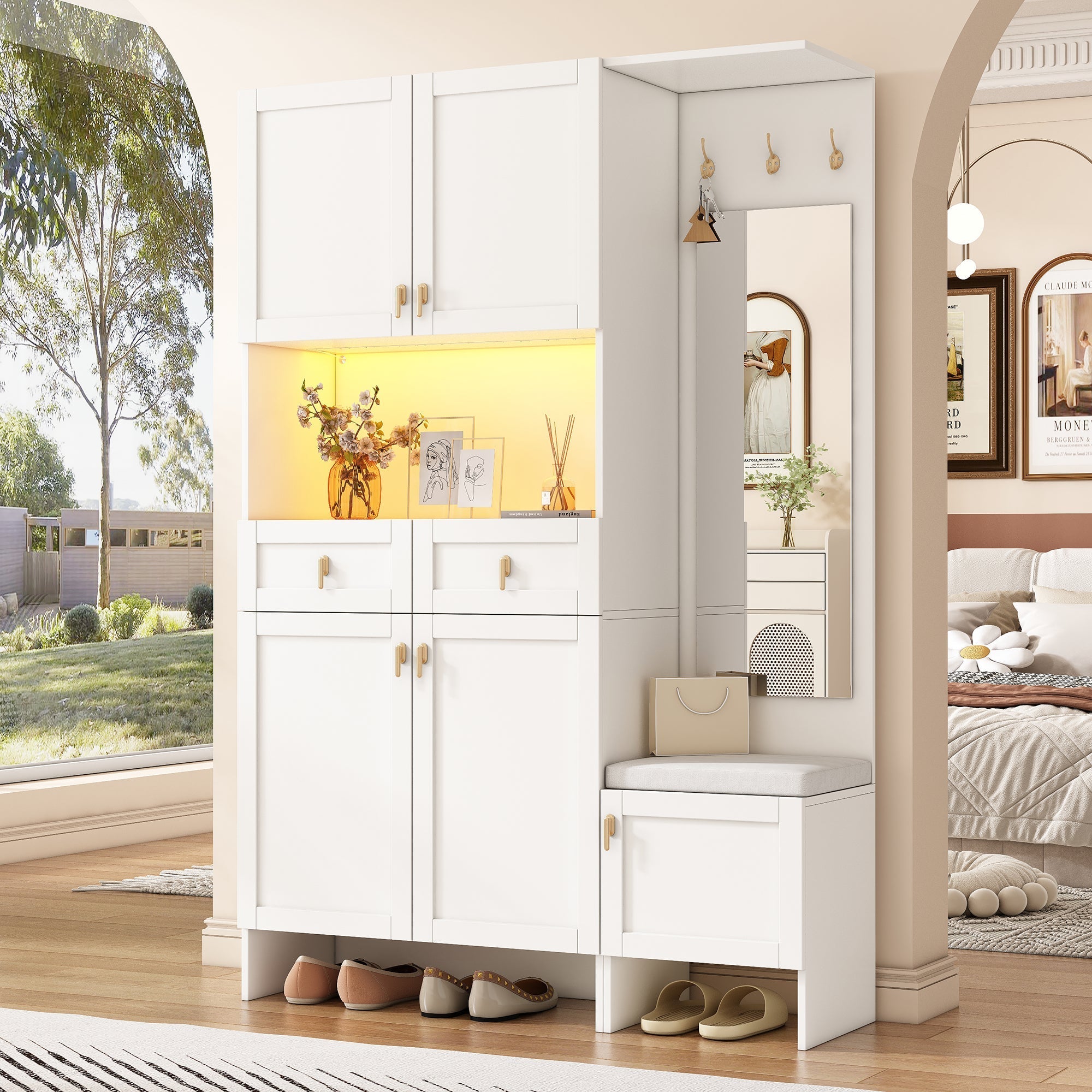 Wardrobe Set Shoe Bench Shoe Cabinet Mirror Storage - White