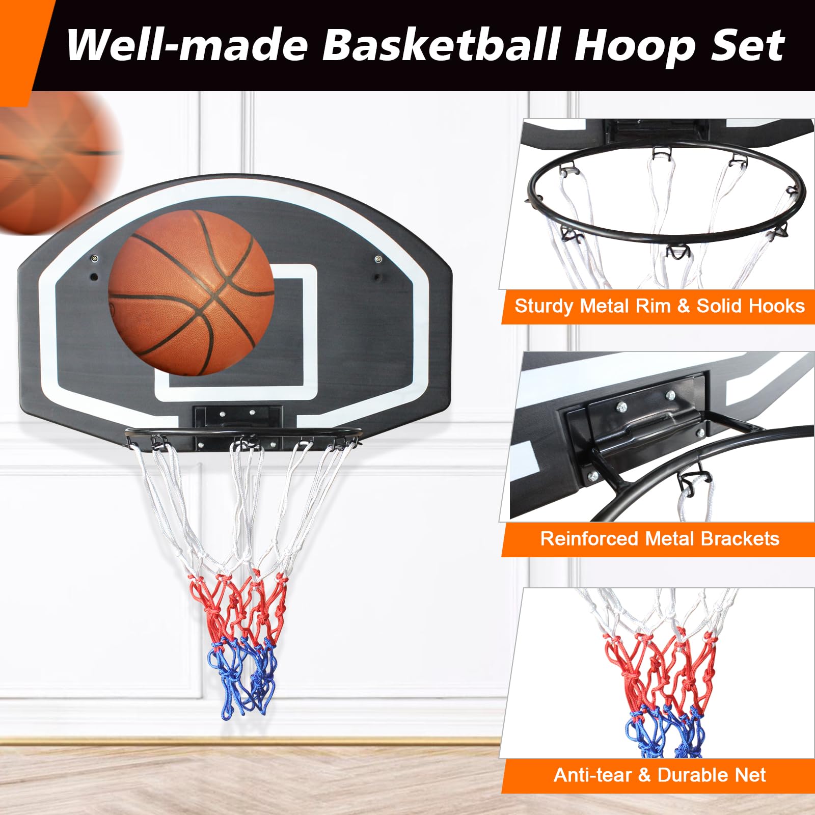 Basketball Hoop Wall/Door Mount Indoor/Outdoor Shatter-Proof Backboard - Black