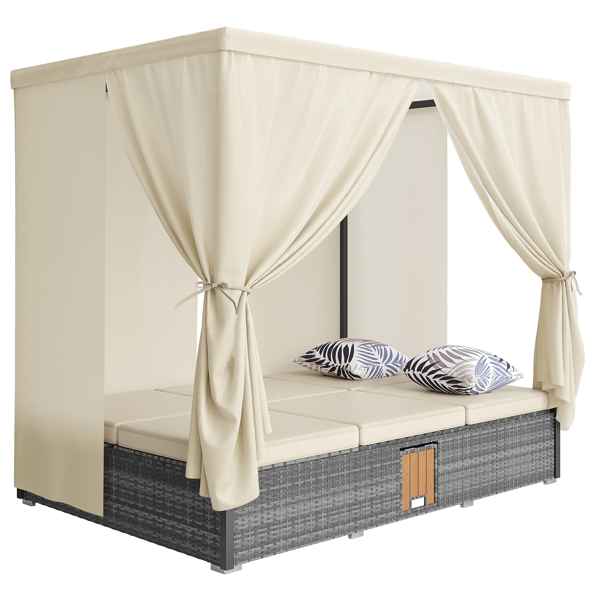 Rattan Garden Lounger Double Bed with Shade Curtain, Foldable & Table - Cream-White