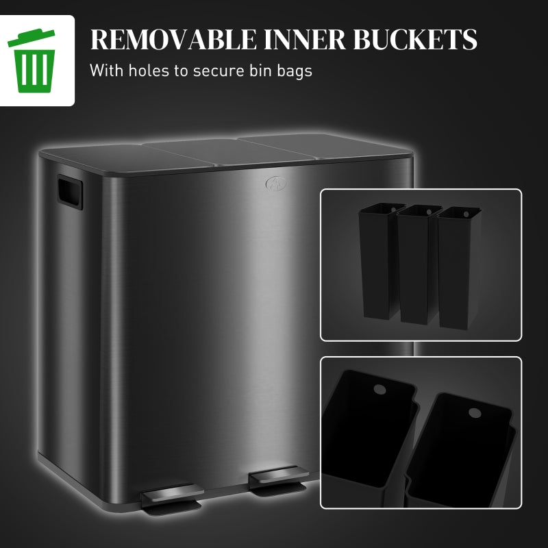 3 x 15L Pedal Bin Triple Kitchen Bin Soft Close Fingerprint-Proof Black