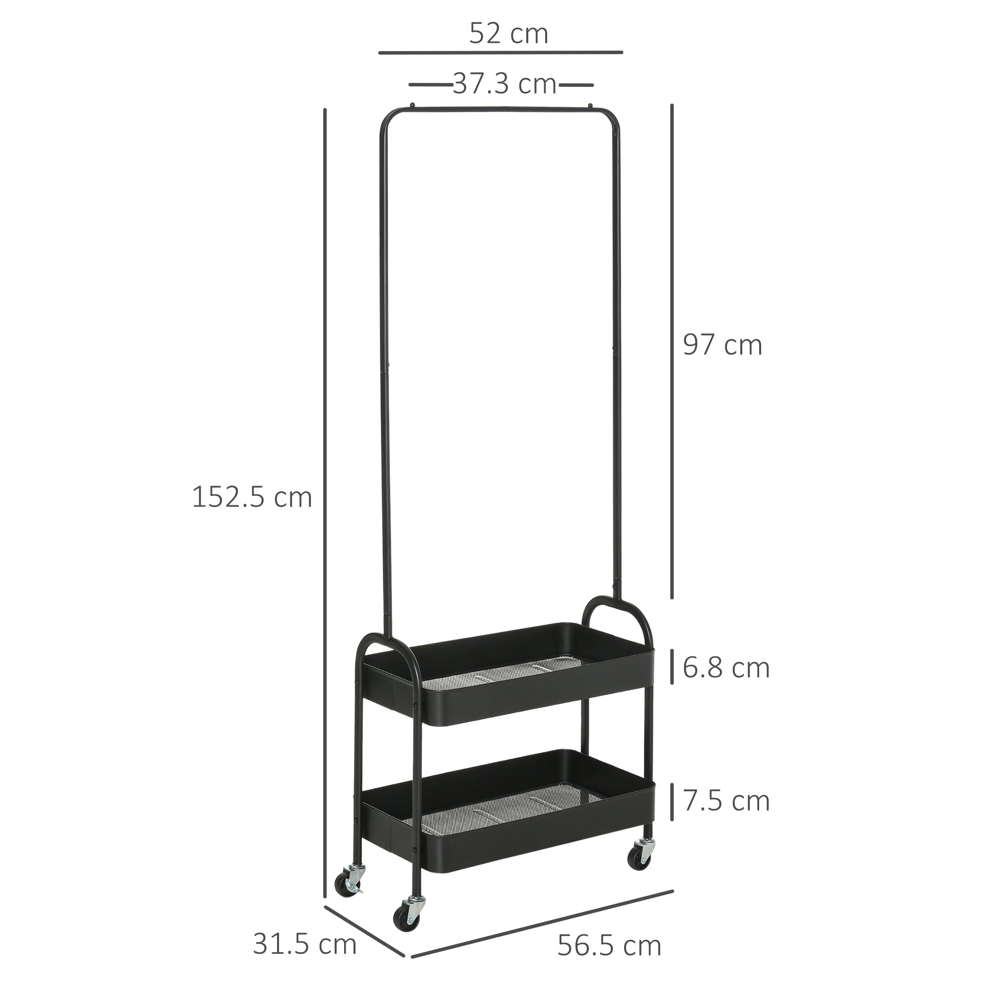 Kleiderständer, Rollen, Garderobenstange, Schuhregal, 16 kg Tragkraft, Schwarz