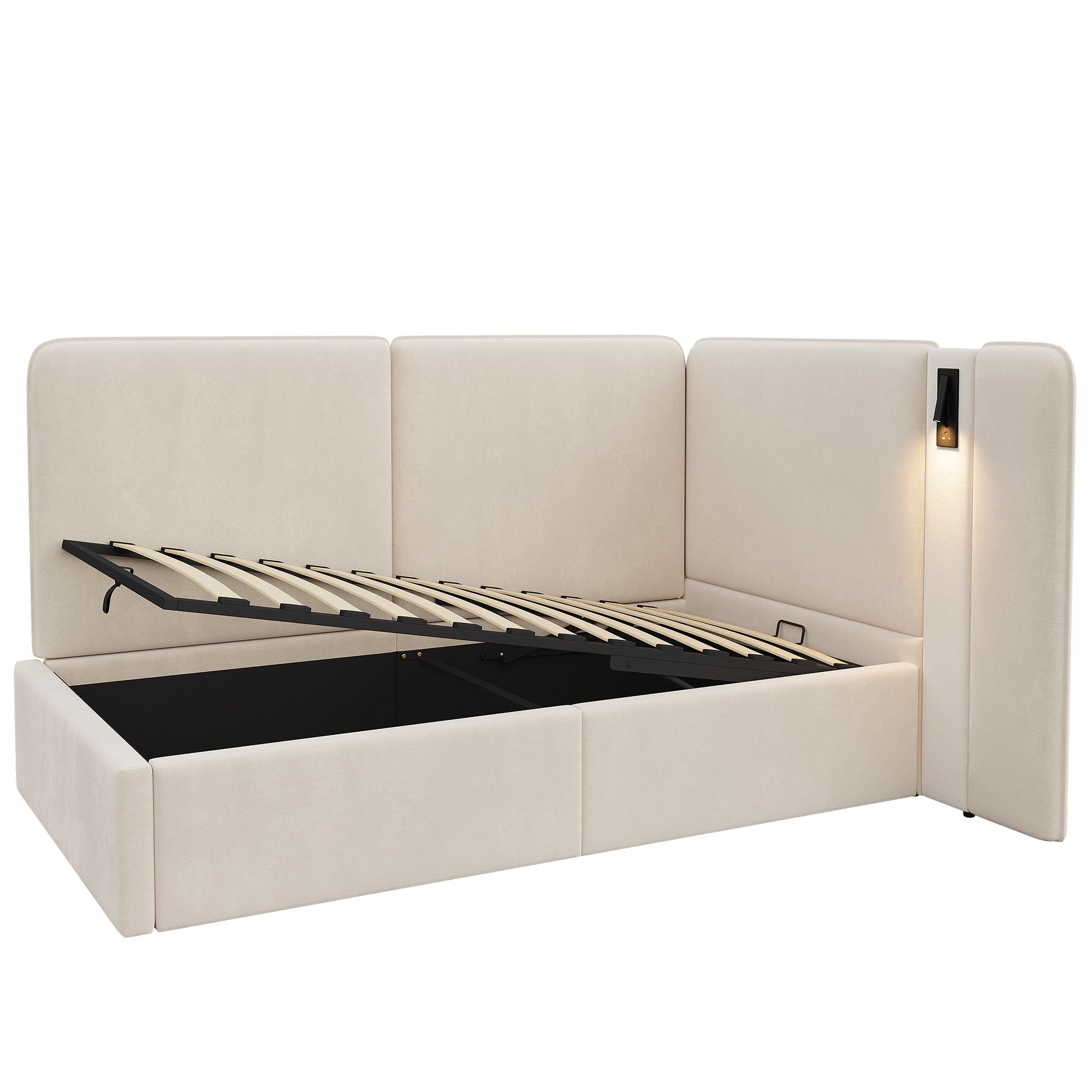 Daybed with Hydraulic Storage, USB Port and Reading Lamp, 90x200cm, Beige Velvet