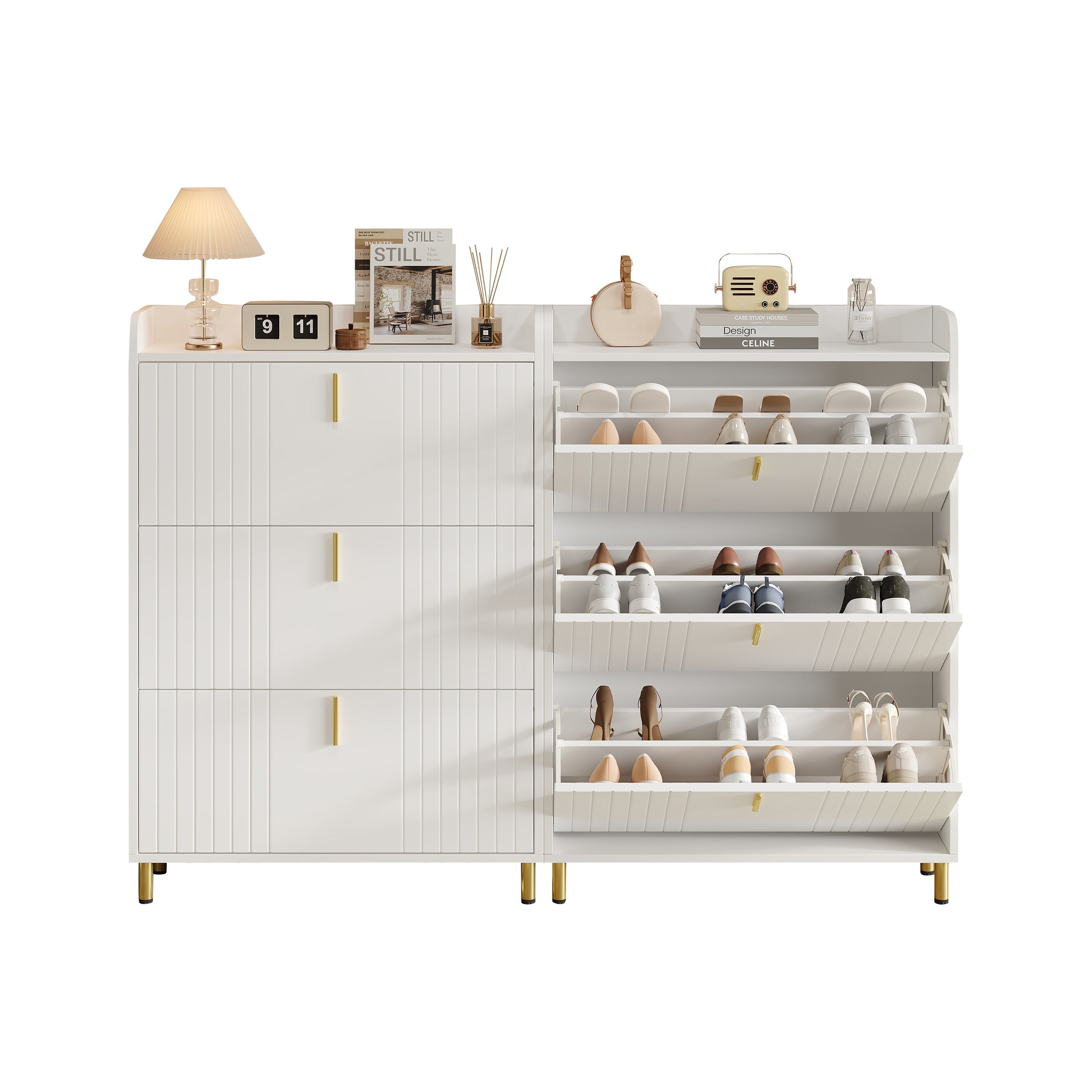 Shoe Cabinets 2-Pack 3-Door 6-Compartment Adjustable Anti-Tip White