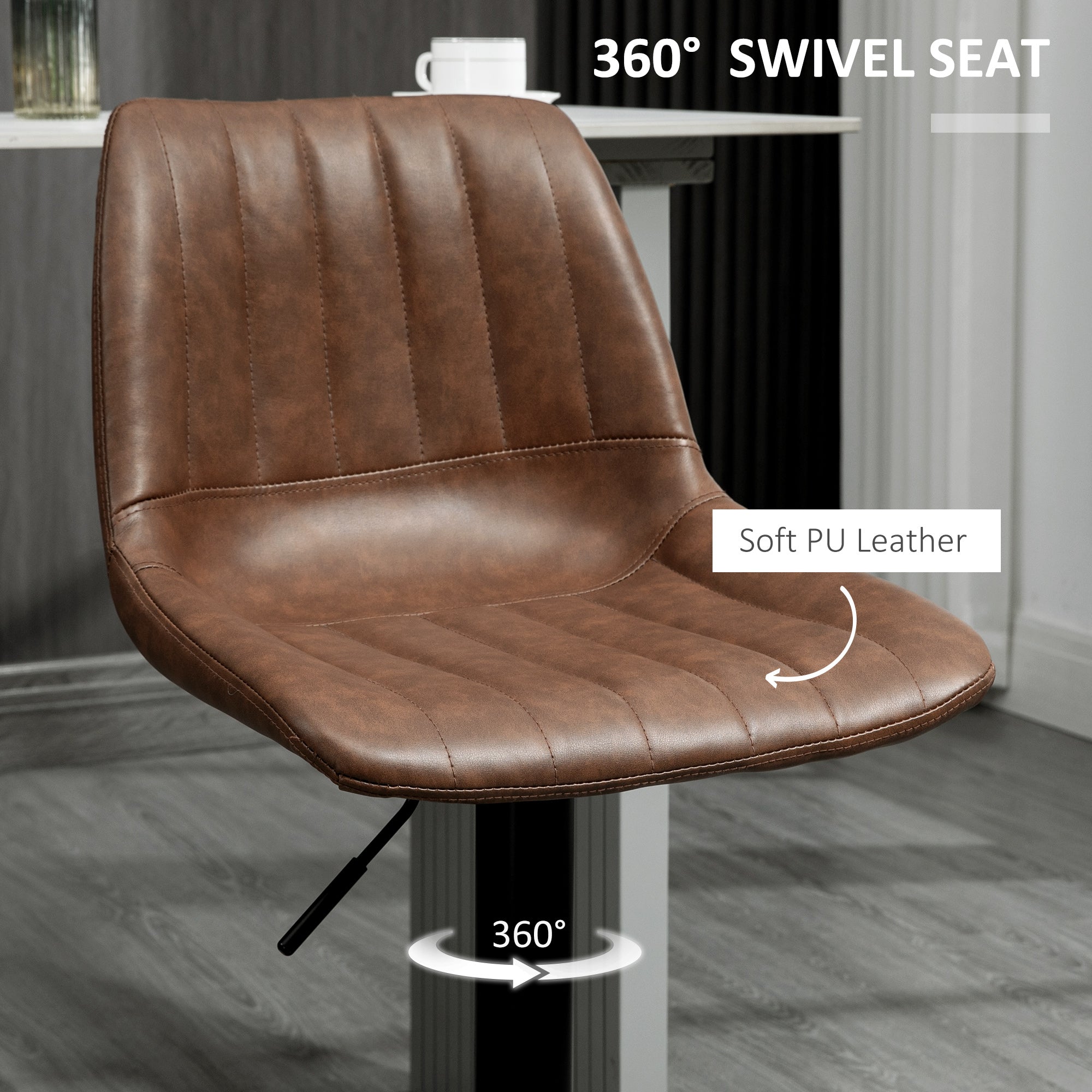 Bar Stools Set of 2, Height-Adjustable Foot Ring, Faux Leather Brown/Steel