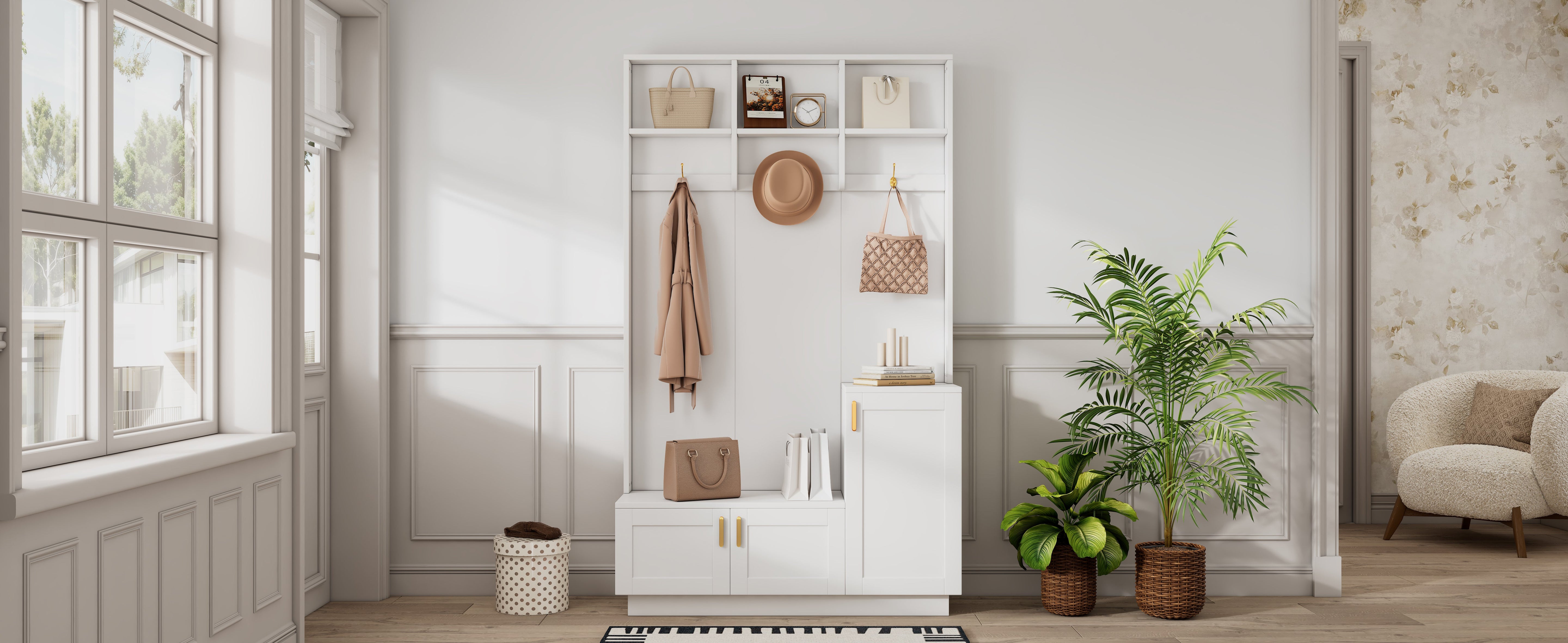 Wardrobe Set with Bench & Shoe Rack, Multifunctional Storage, White