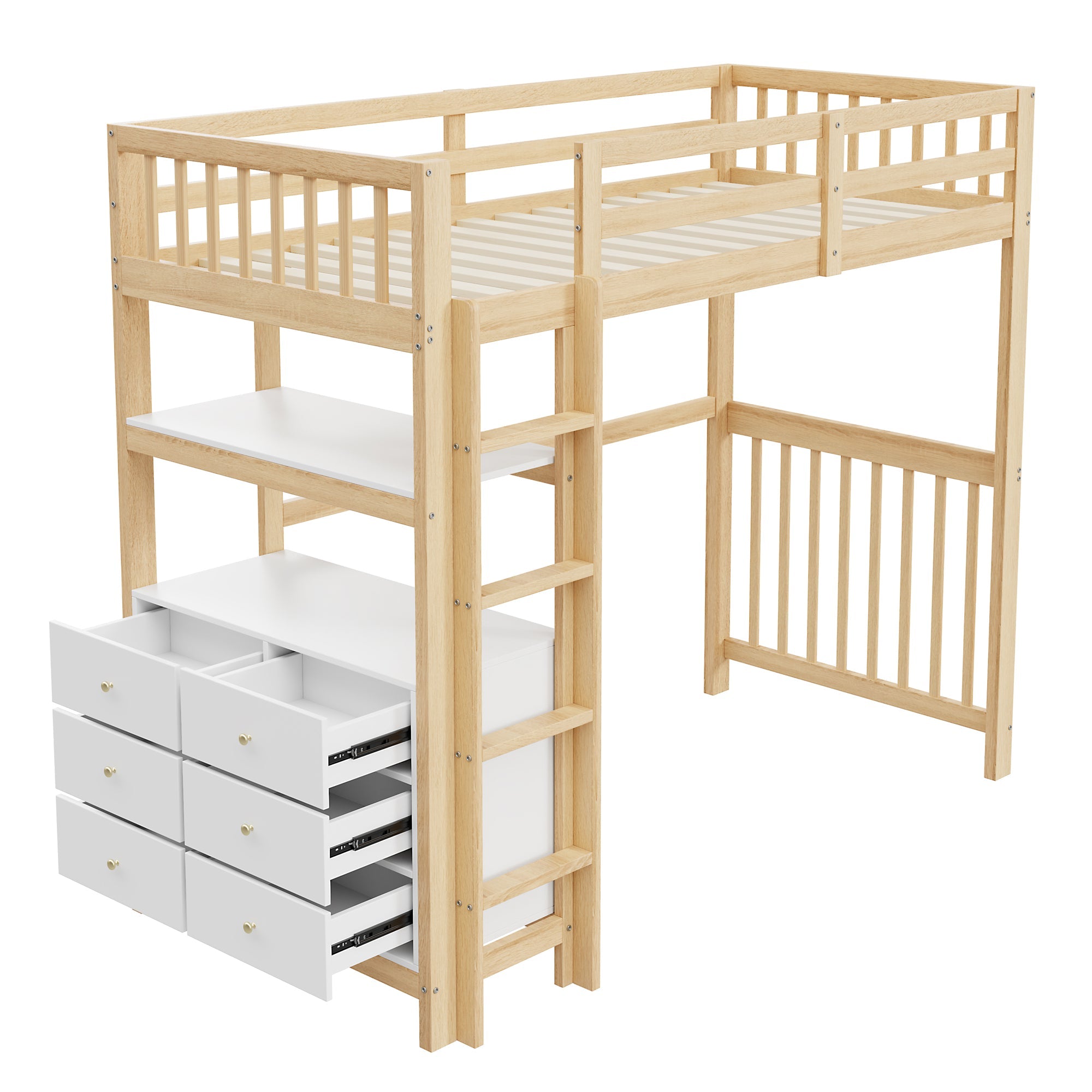 Loft Bed 90*200cm with Ladder, Drawers, Shelves, Pinewood, White & Wood