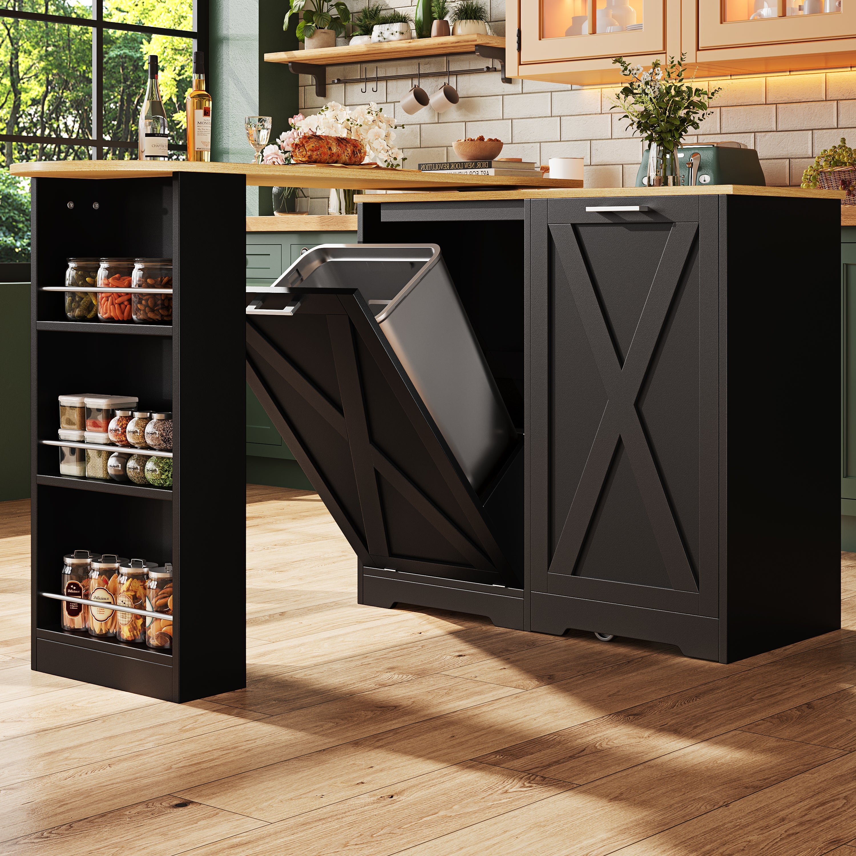 360° Rotating Breakfast Bar with Multifunctional Storage and Side Shelves, Black