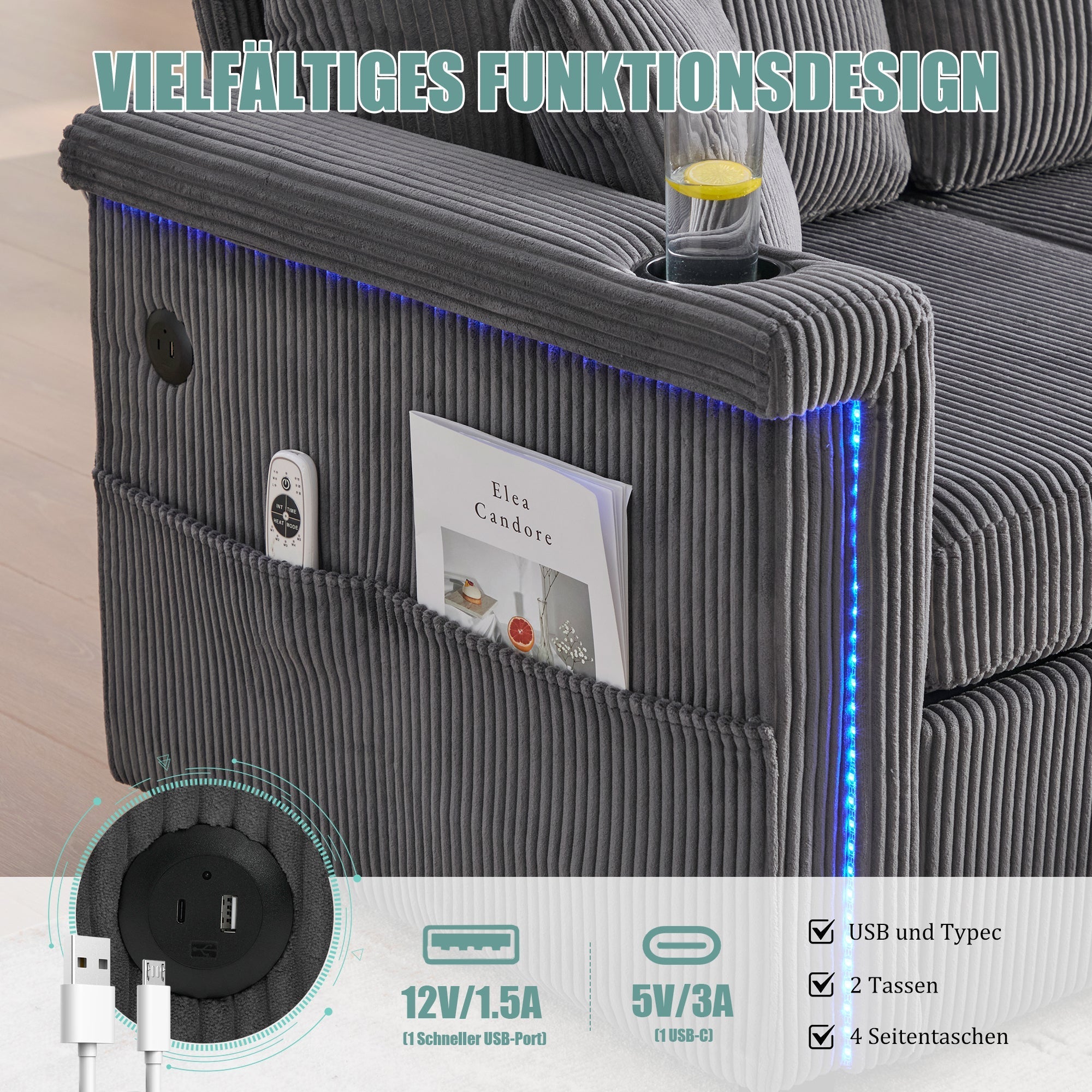 Velvet Sofa LED USB-C Storage Footrest Cup Holders, Dark Grey