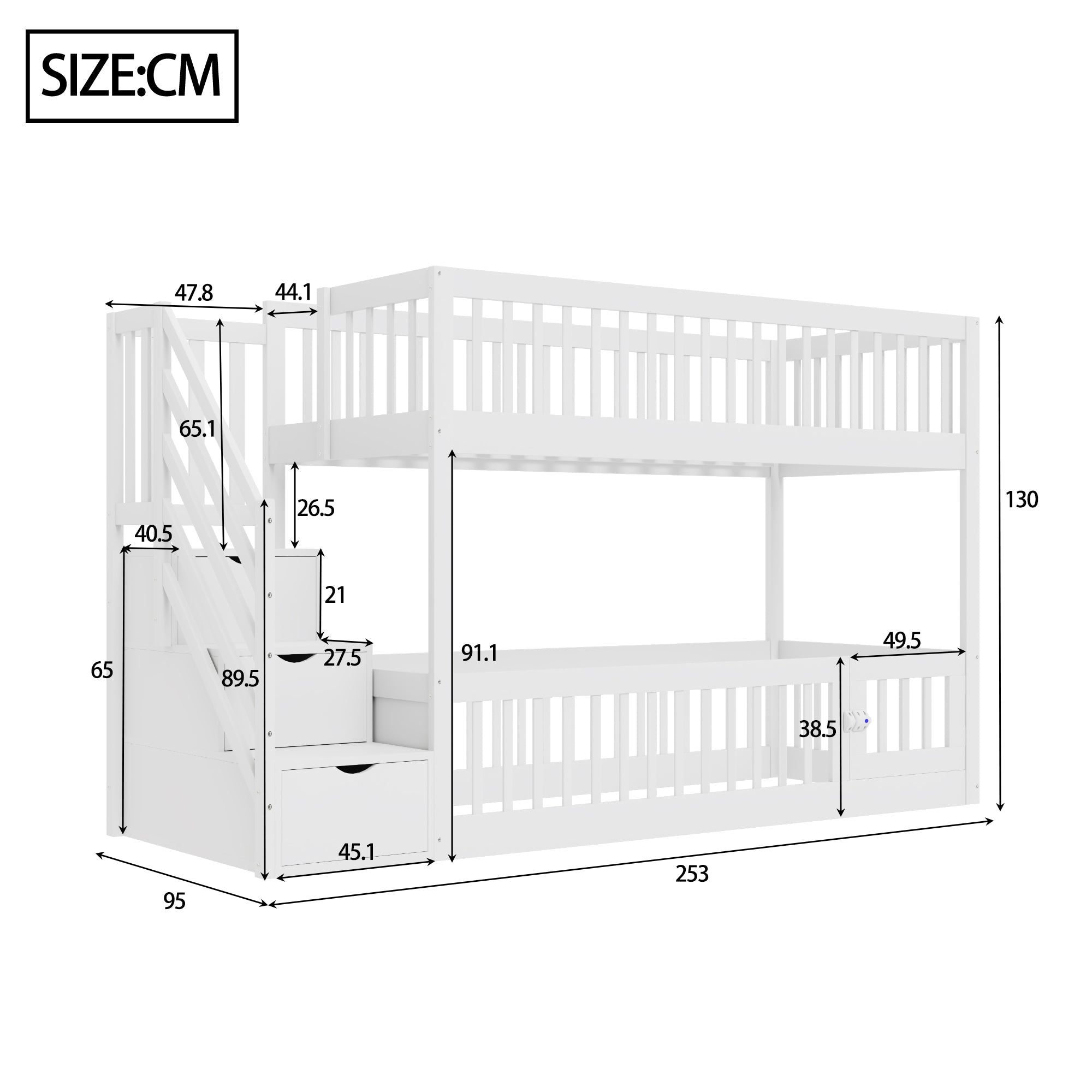 Bunk Bed 90x200 Safety Stairs Drawers Storage, White Wooden
