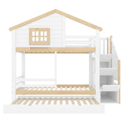 Bunk Bed with Pull-out Bed, Storage Ladder and House Frame, White and Natural