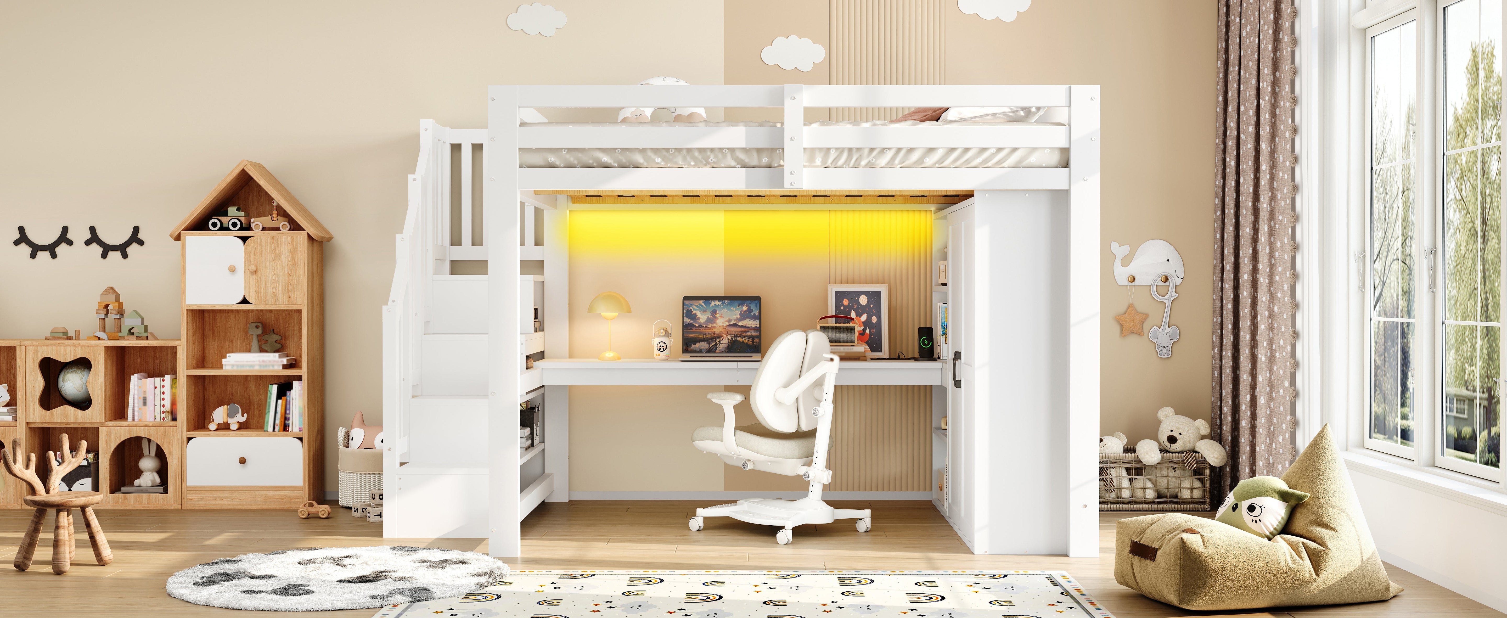 140x200 Loft Bed with Desk, Shelf, Wardrobe, Storage Stairs, USB and LED Lights, White