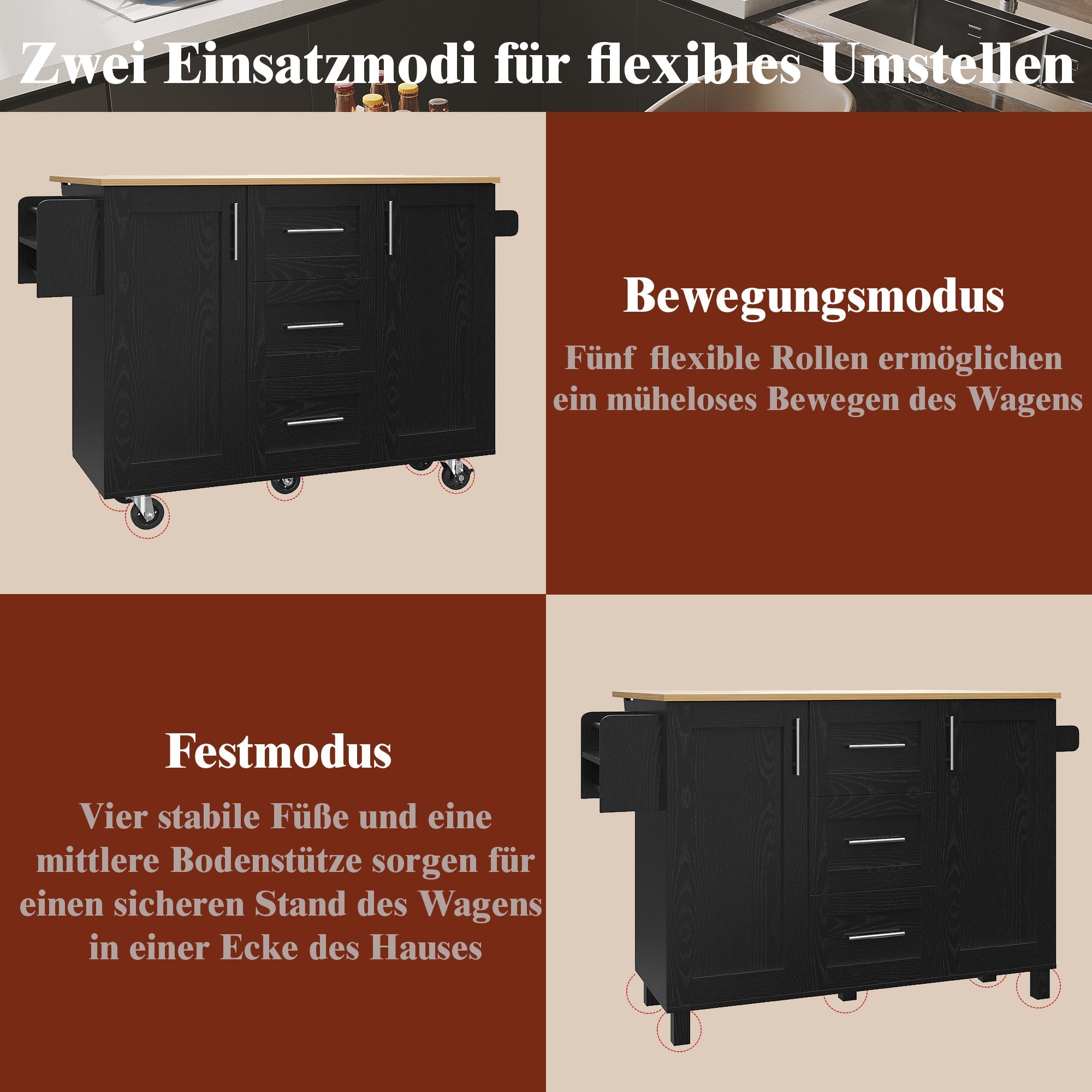 Kitchen Island Workbench Storage Removable Casters - Black