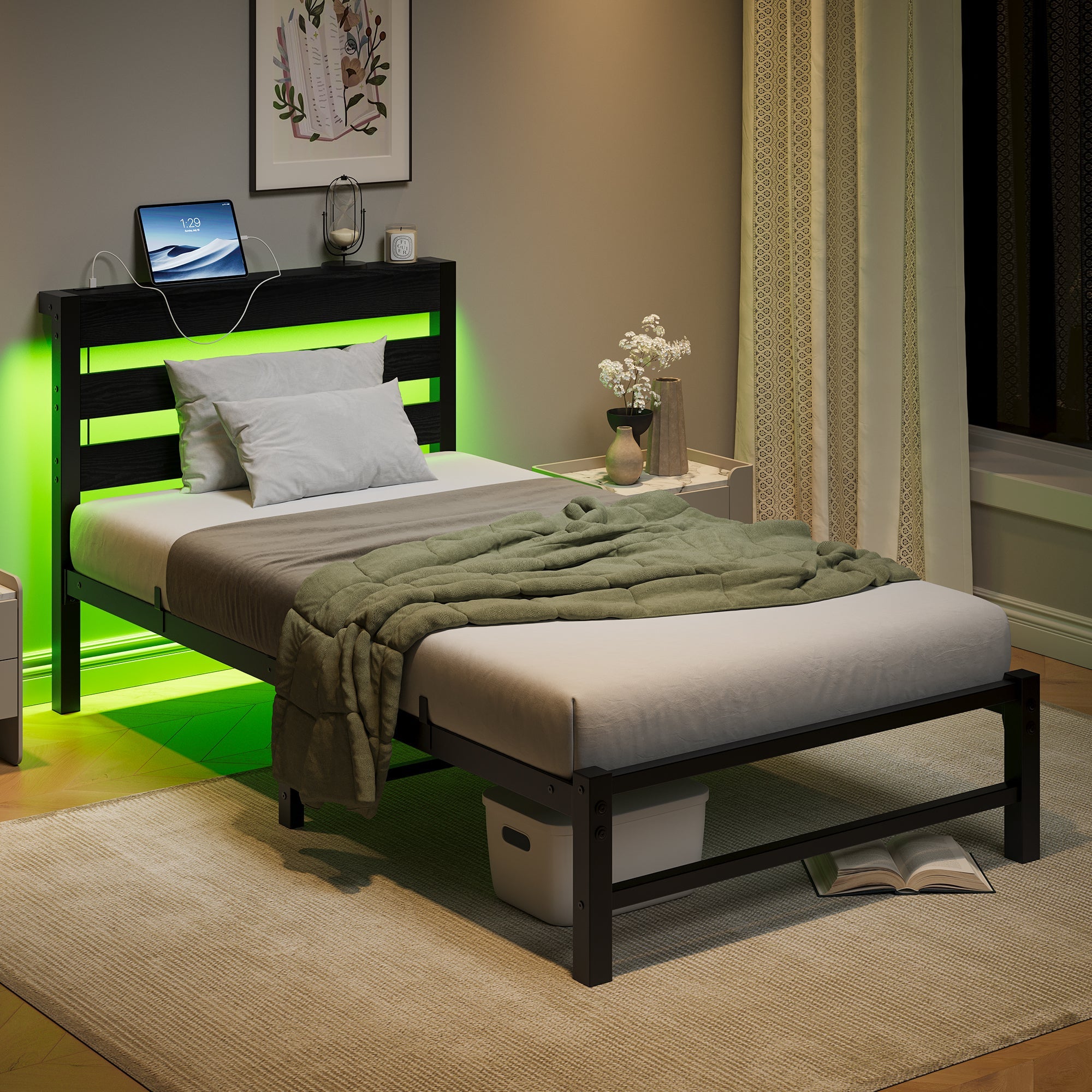 Metal Bed Frame 90x200 with LED Light USB Charging & Under-Bed Storage