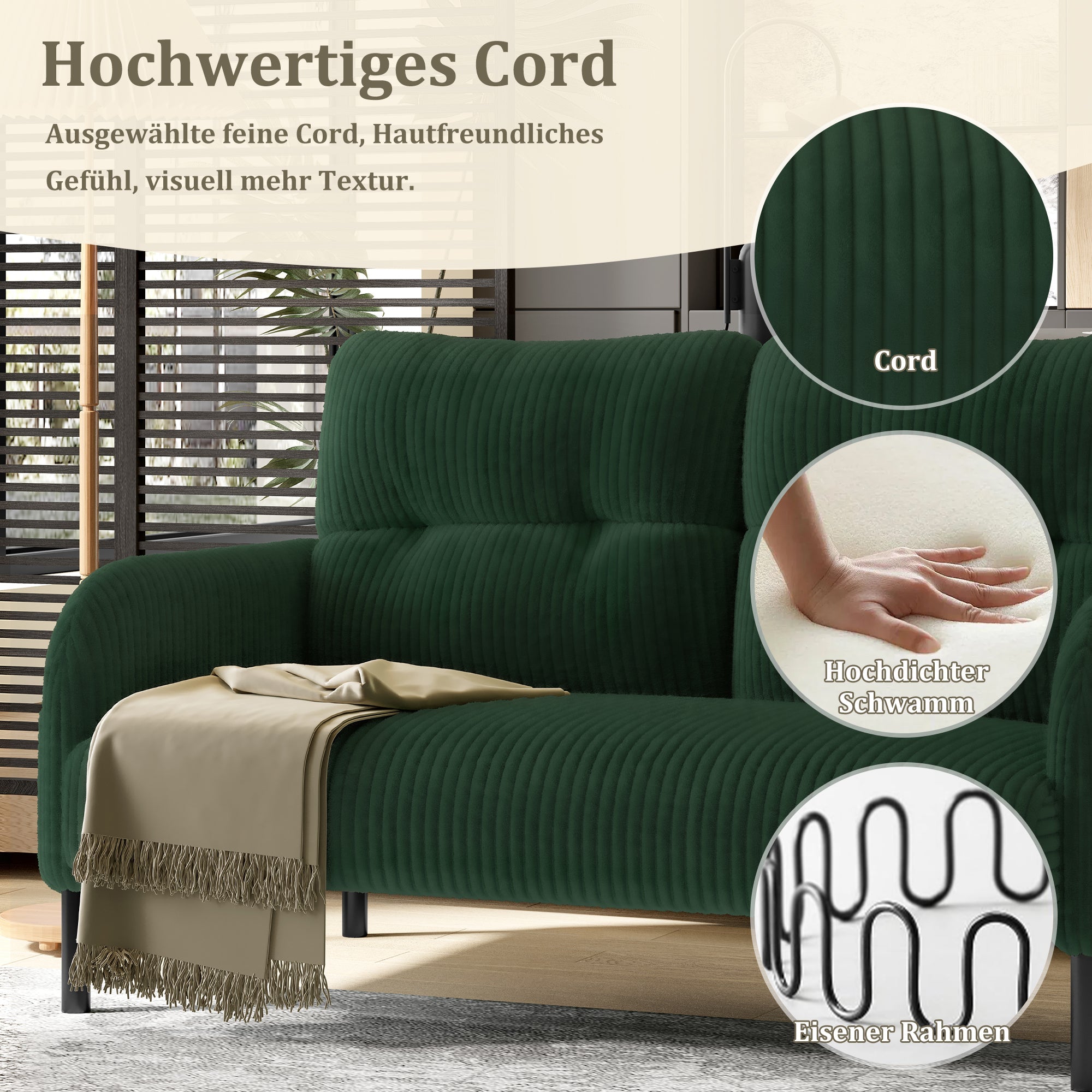 Two-Seater Sofa, Comfort Padding High Backrest Side Pockets Metal Feet, Corduroy