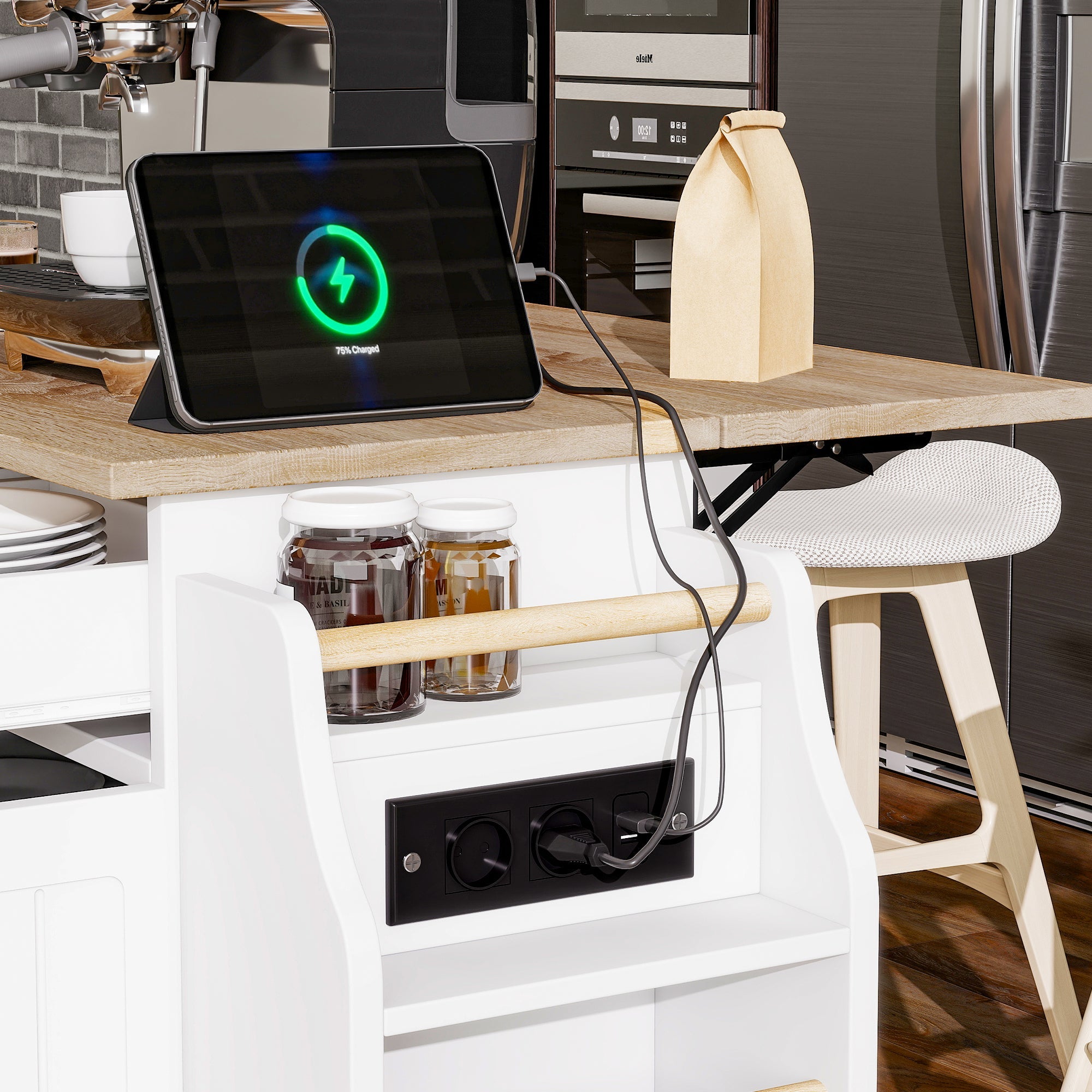 Kitchen Island Extendable Worktop Waste Bin Power Strips Mobile