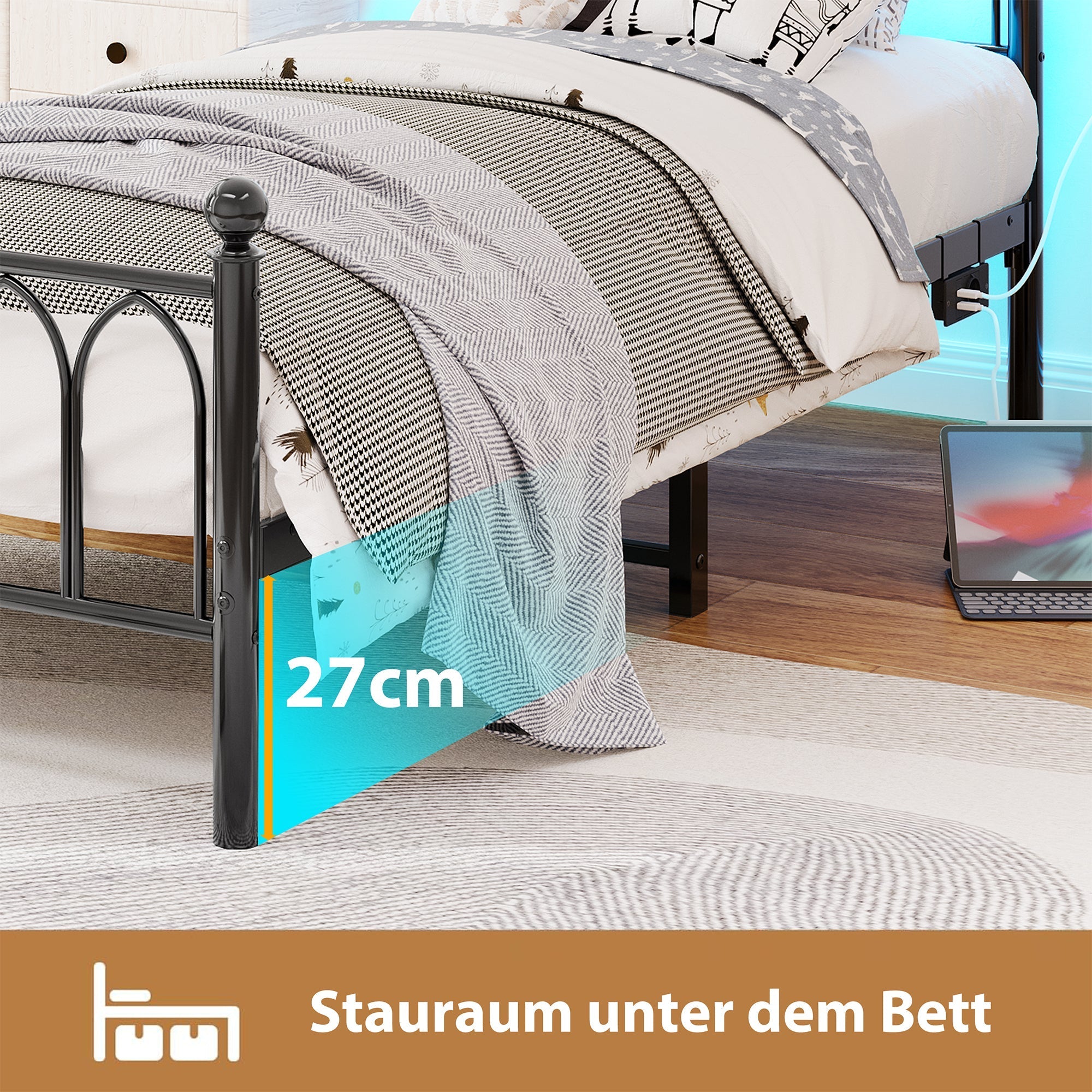 Metal Bed Frame with USB, LED, Vintage Headboard and Footboard, Black
