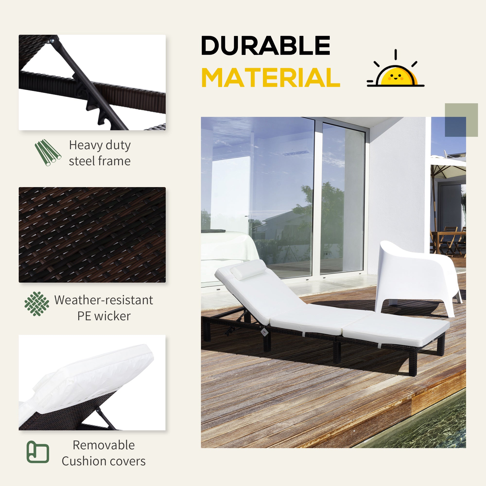 Rattan Sun Lounger 5-Level Adjustable Recliner with Cushion, Cream White