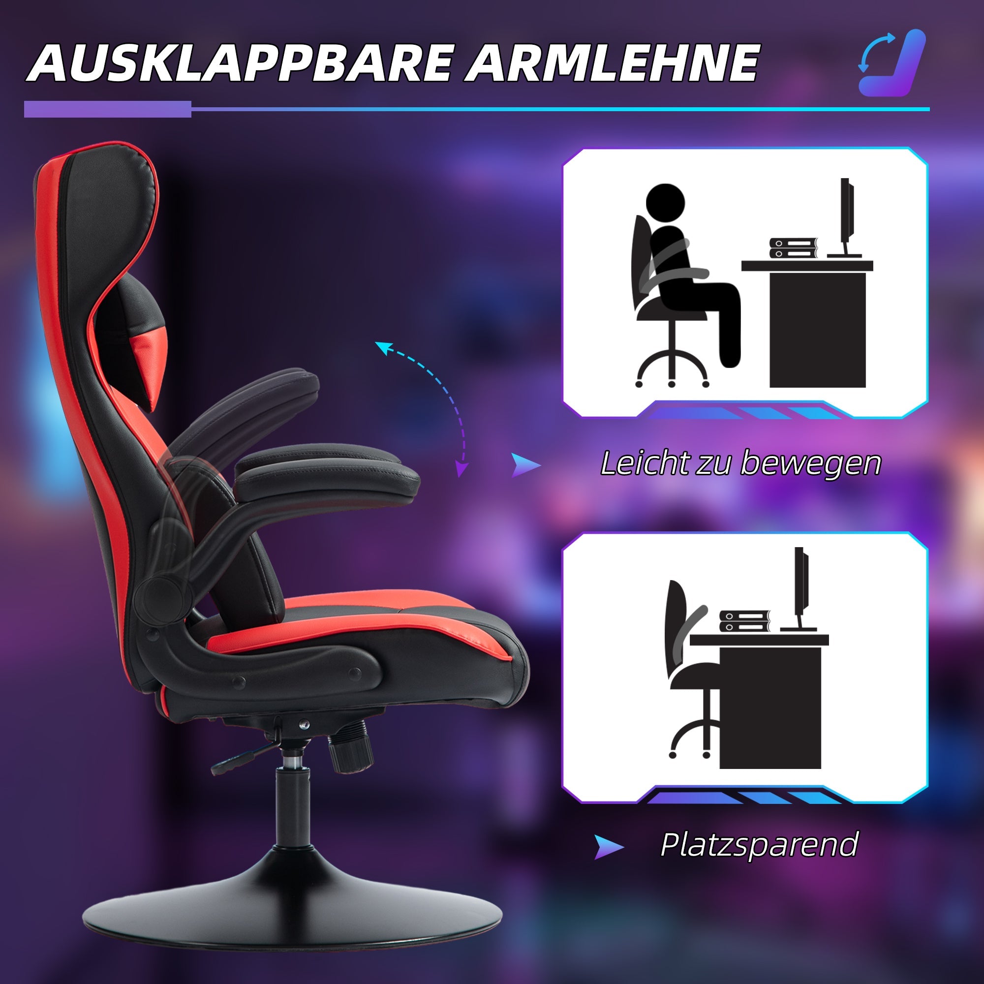 Vinsetto Gaming Chair with Rocker, Ergonomic, Height-Adjustable, Black + Red