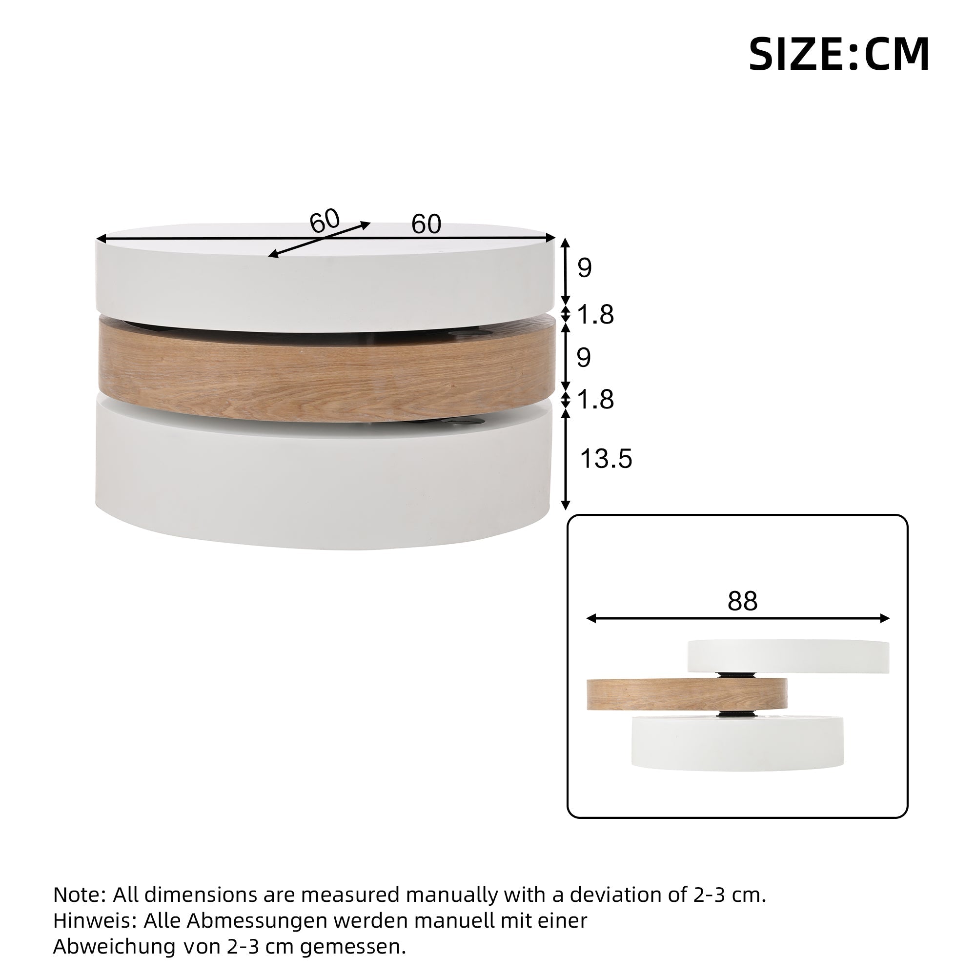 Cylindrical Coffee Table, 360° Rotate, 3-Tier Storage, 60x60x35.1 cm - Willow Wood