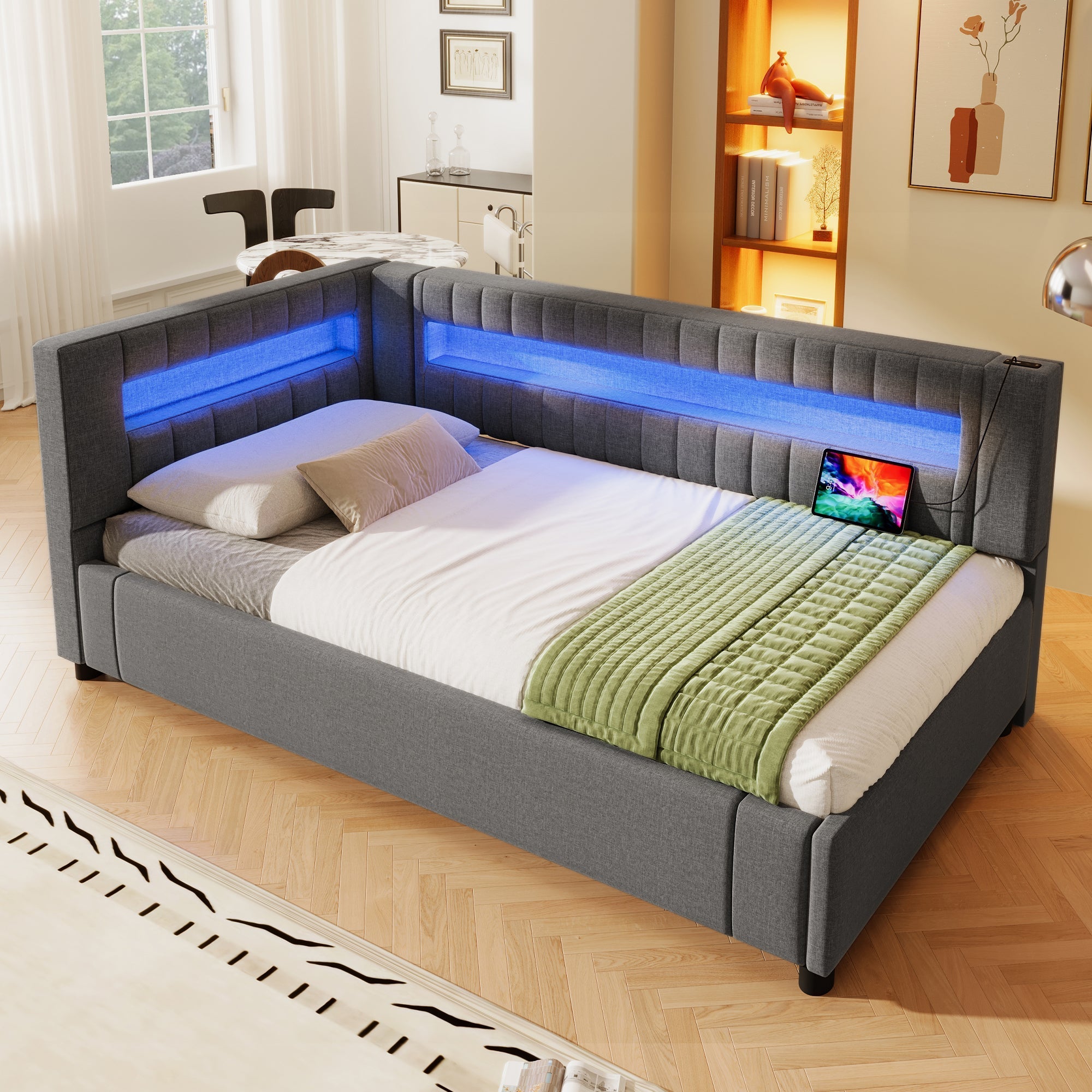 Daybed Sofa Bed with LED Lighting, Hydraulic Storage and USB Charging, Grey Linen