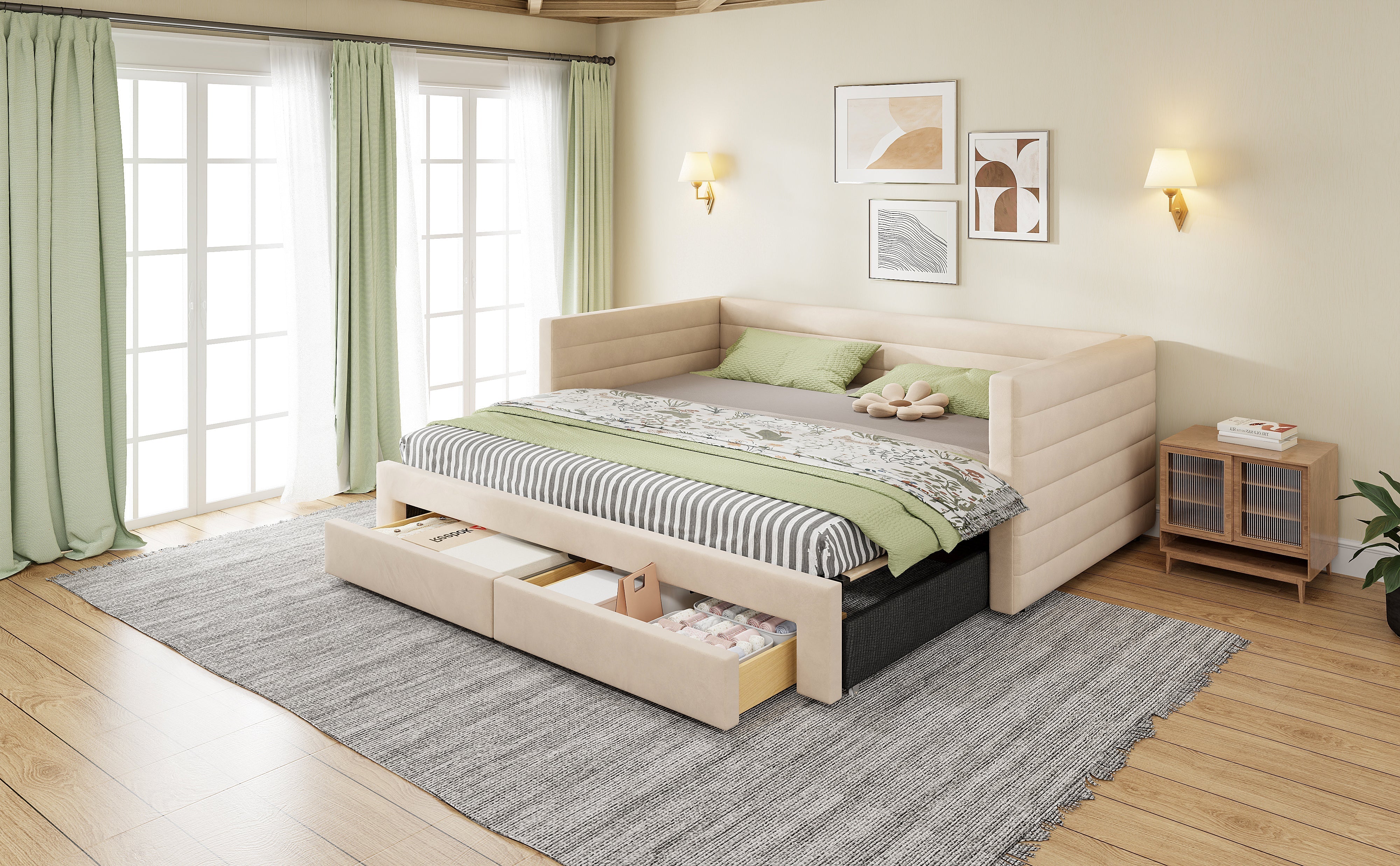 3-in-1 Upholstered Sofa Bed with Drawers and Slatted Base, Cotton and Linen, Beige