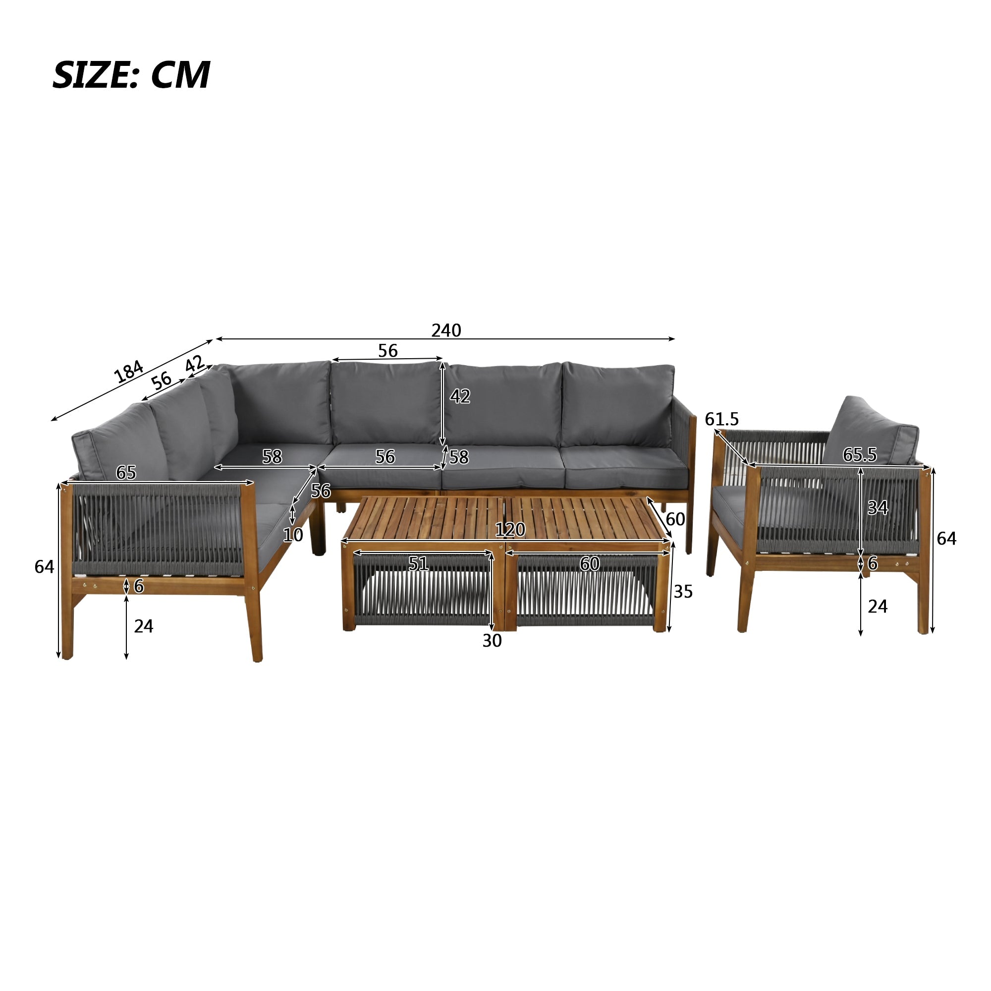 Garden Lounge Set for 7-8 People with Sofa, Table and Washable Cushions, Natural and Grey